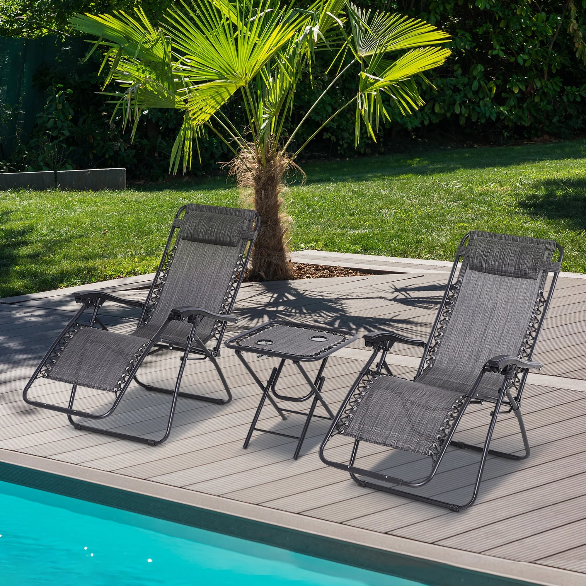 3-Piece Folding Zero Gravity Chairs Sun Lounger Table Set w/ Cup Holders Reclining Garden Yard Pool - Image 2