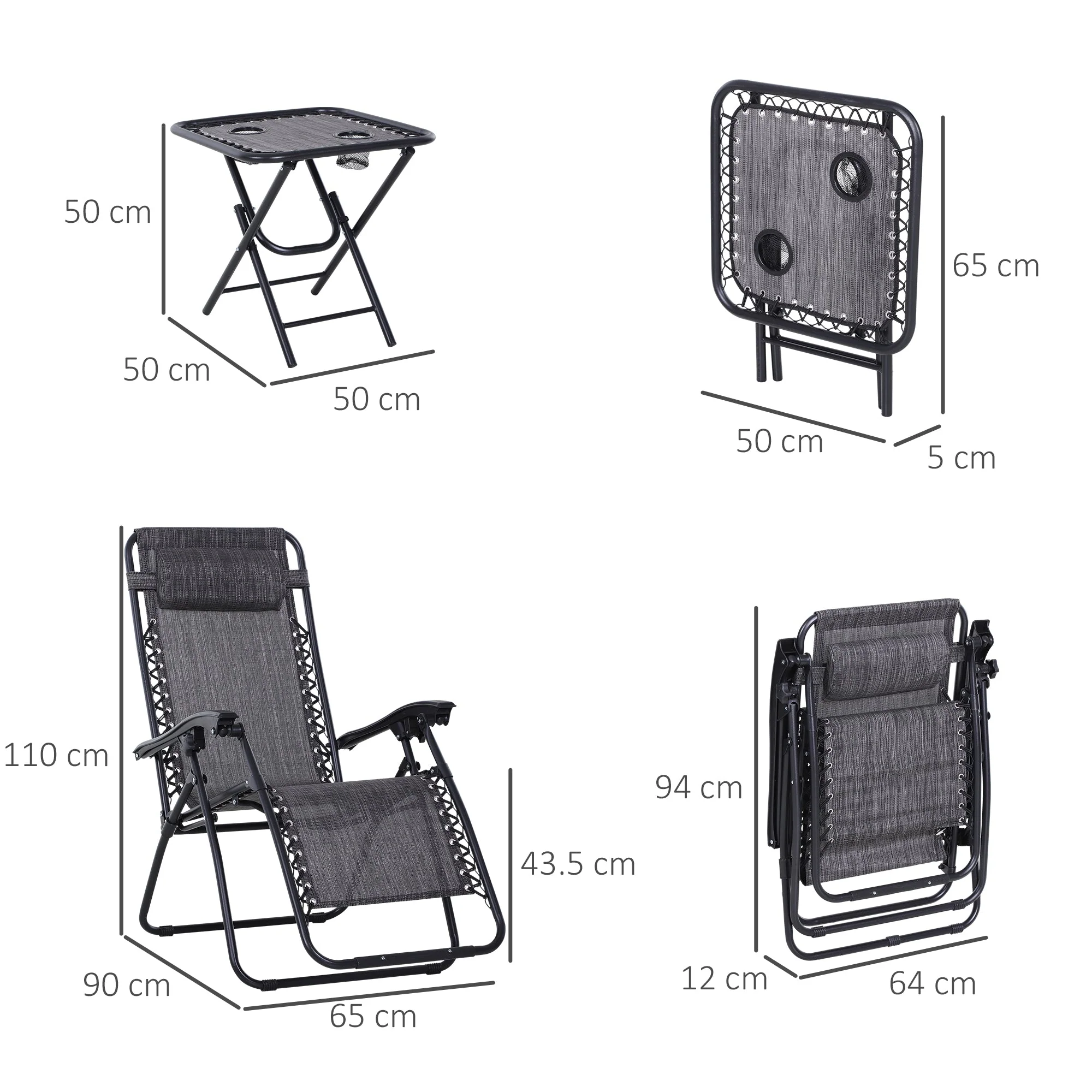 3-Piece Folding Zero Gravity Chairs Sun Lounger Table Set w/ Cup Holders Reclining Garden Yard Pool - Image 3
