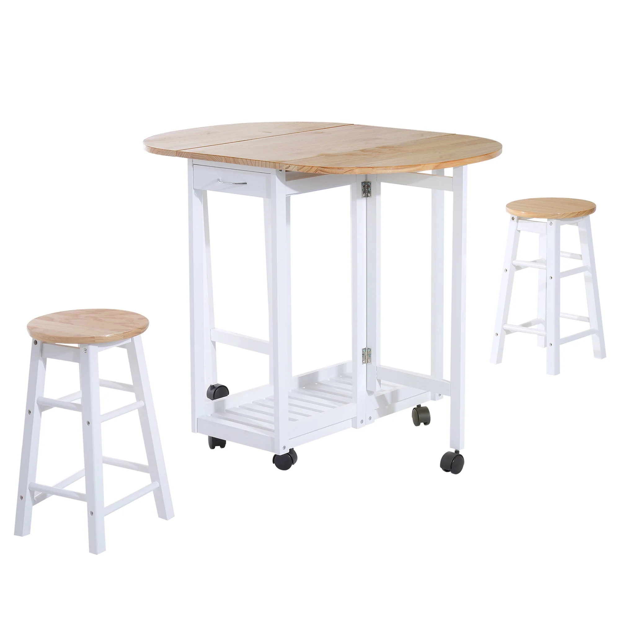 3-Piece Wooden Kitchen Cart Mobile Rolling Trolley Folding Bar Table Two Stools Dining Chair Storage Shelf w/2 Drawers & 6 Wheels - Image 2