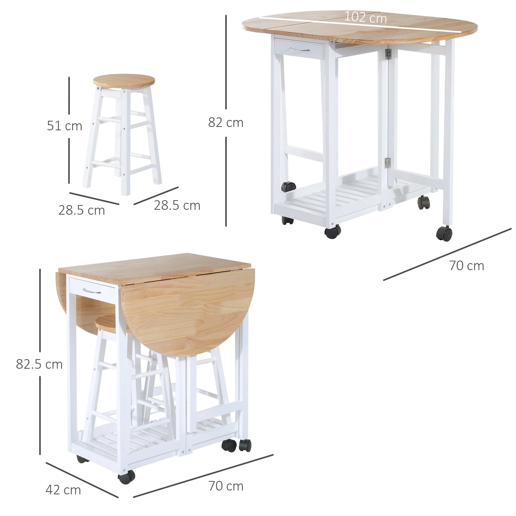 3-Piece Wooden Kitchen Cart Mobile Rolling Trolley Folding Bar Table Two Stools Dining Chair Storage Shelf w/2 Drawers & 6 Wheels - Image 3
