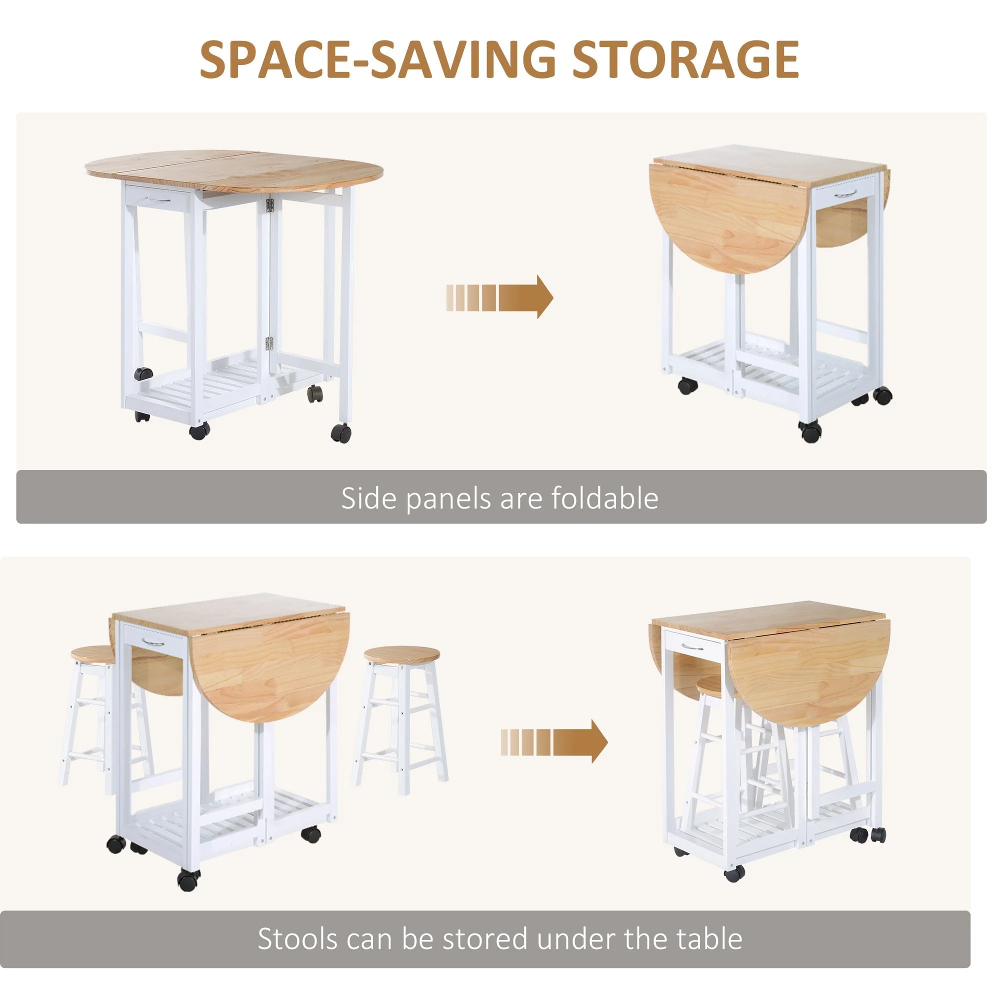 3-Piece Wooden Kitchen Cart Mobile Rolling Trolley Folding Bar Table Two Stools Dining Chair Storage Shelf w/2 Drawers & 6 Wheels - Image 4