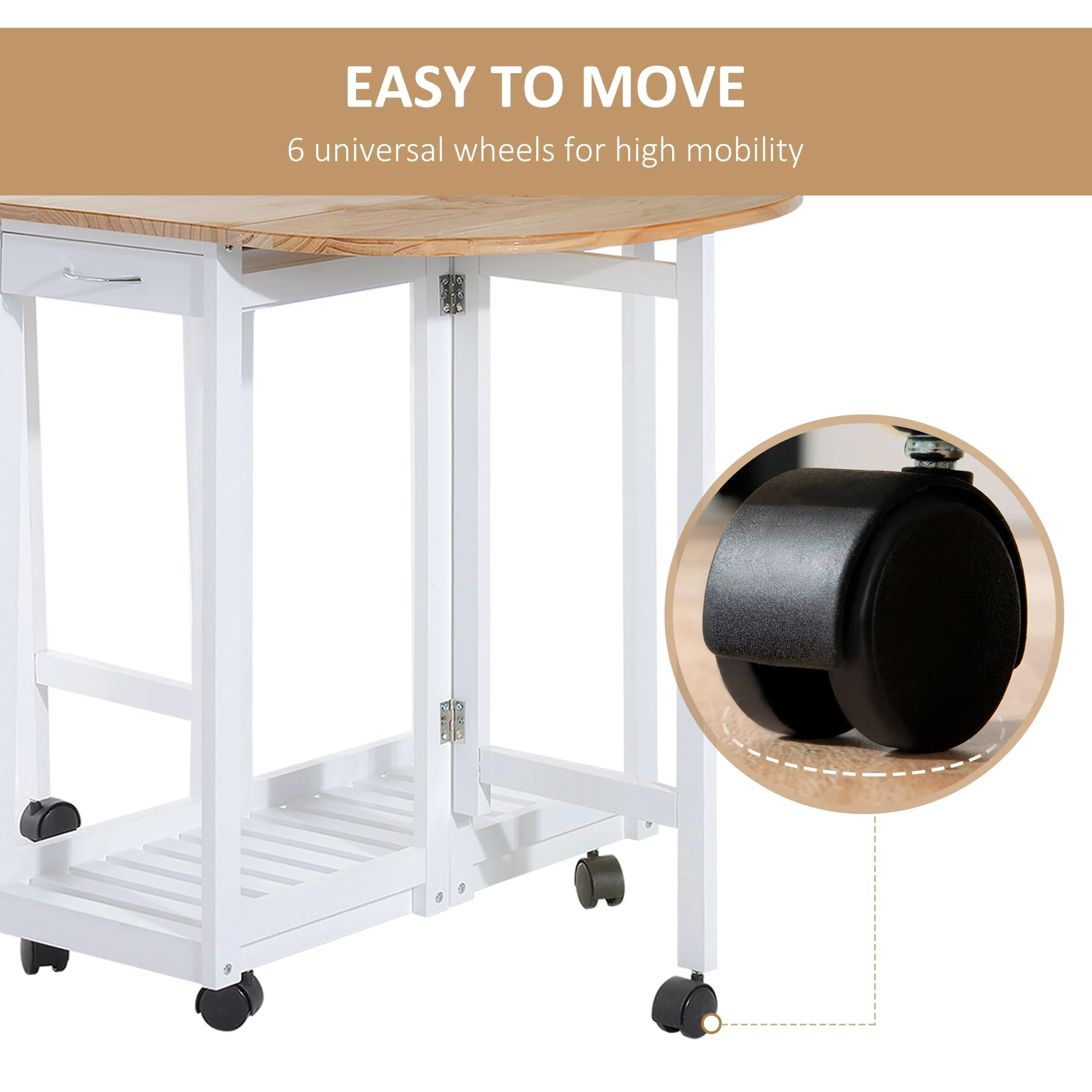 3-Piece Wooden Kitchen Cart Mobile Rolling Trolley Folding Bar Table Two Stools Dining Chair Storage Shelf w/2 Drawers & 6 Wheels - Image 6