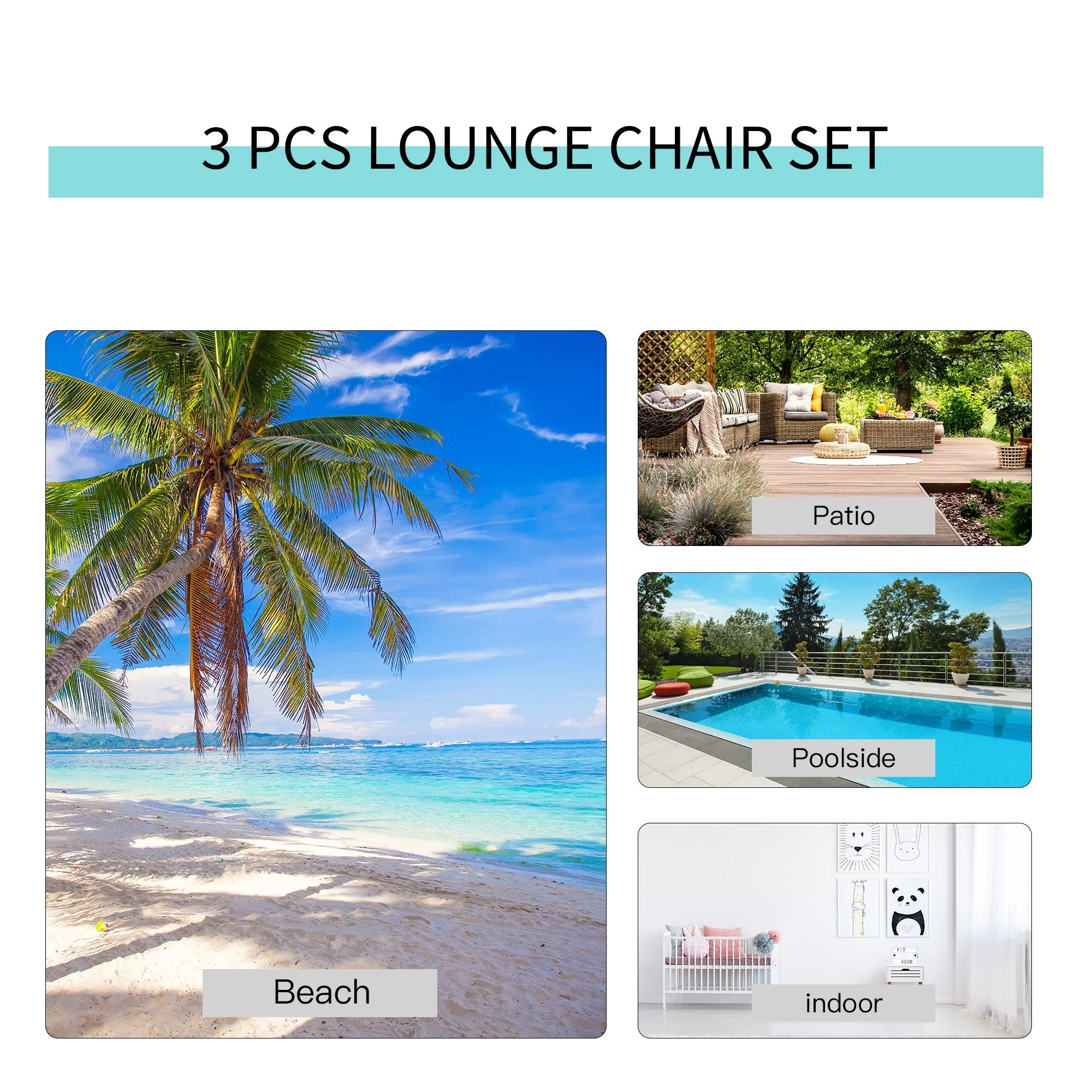 3-Pieces Lounge Chair Set Metal Frame Garden Outdoor Recliner Sunbathing Chair with Table - Image 5