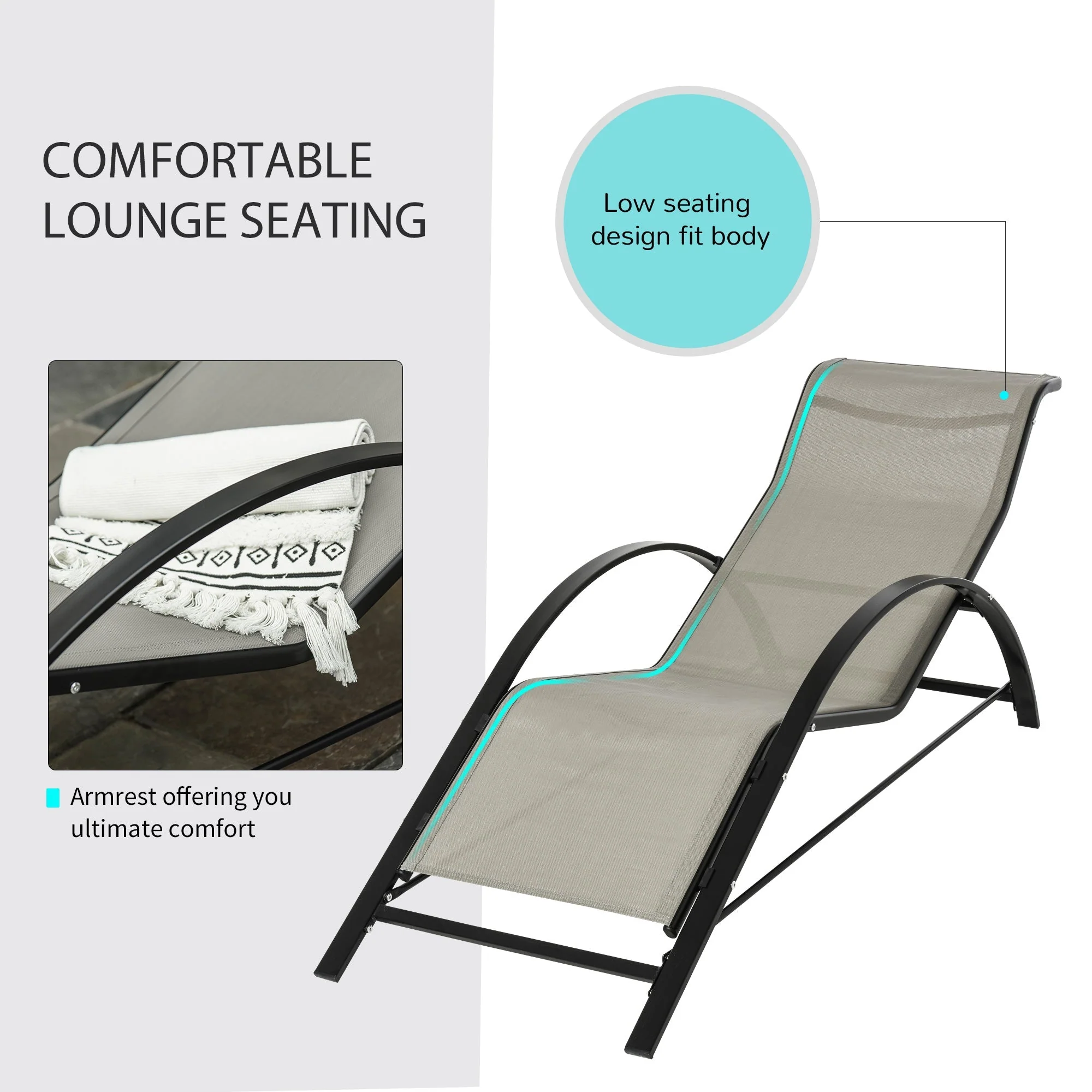 3-Pieces Lounge Chair Set Metal Frame Garden Outdoor Recliner Sunbathing Chair with Table - Image 4