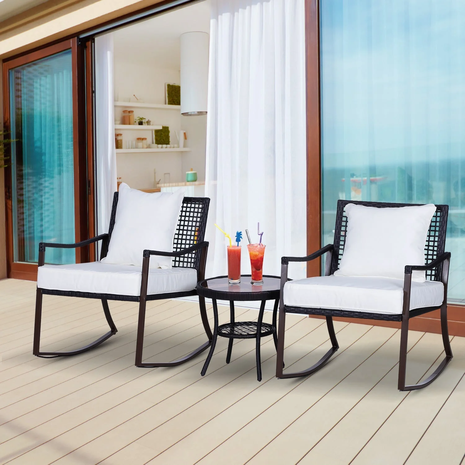 3-Pieces PE Rattan Garden Rocking Chair Set w/ Soft Cushion - Image 2