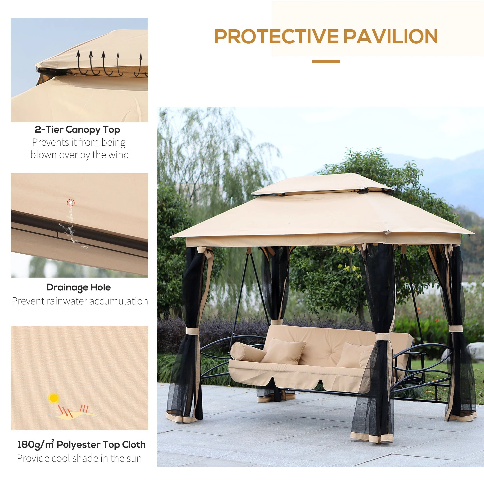 3 Seater Swing Chair 3-in-1 Convertible Garden Swing Seat Bed Gazebo Patio Bench Outdoor with Double Tier Canopy - Image 7