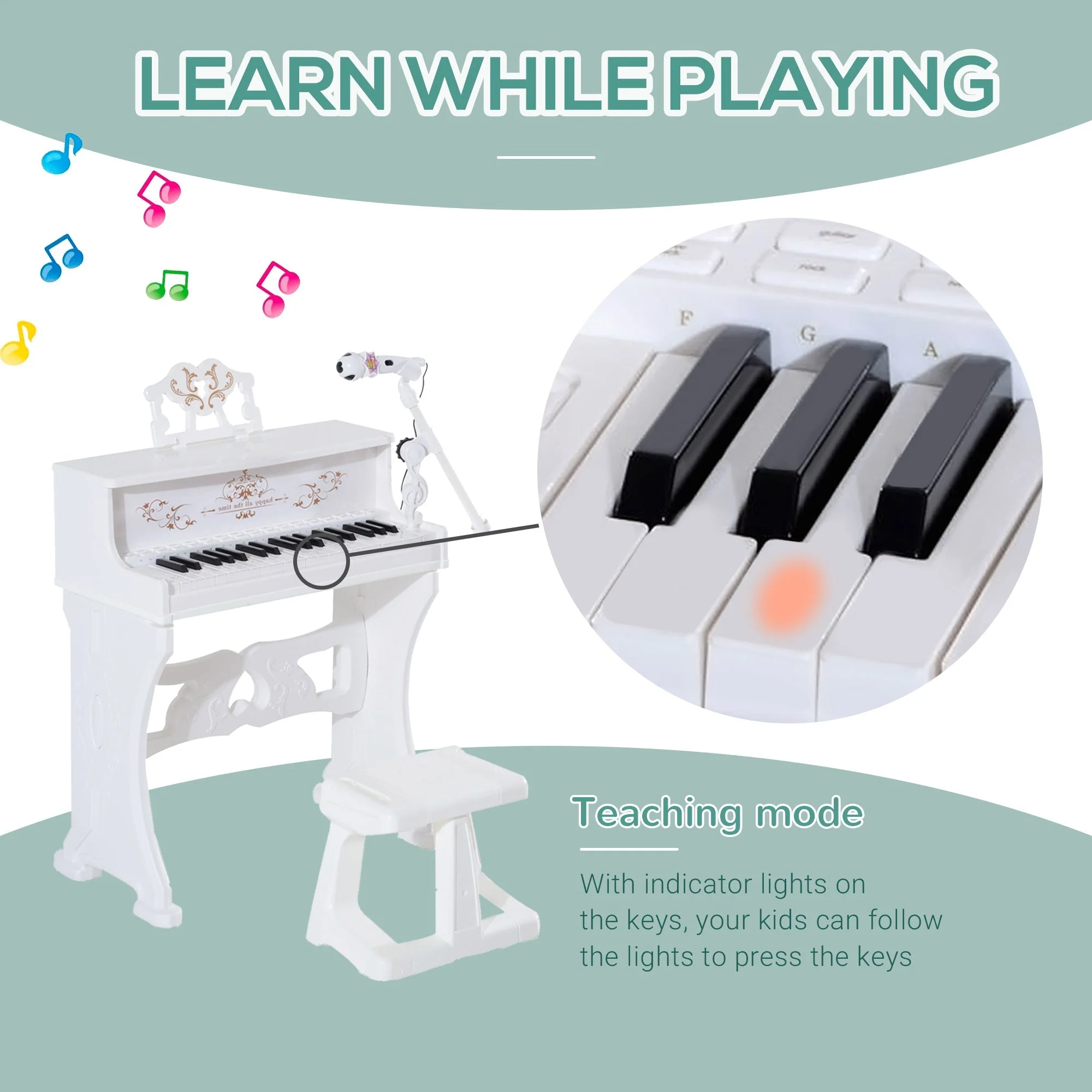 37 Keys Kids Piano Mini Electronic Keyboard Light Kids Musical Instrument Educational Game Children Grand Piano Toy Set w/Stool & Microphone & Music Stand White - Image 4