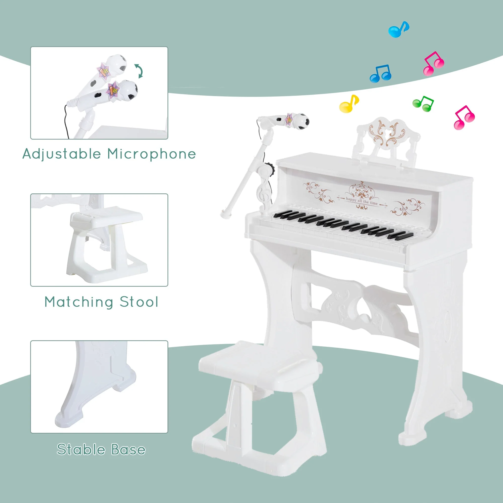 37 Keys Kids Piano Mini Electronic Keyboard Light Kids Musical Instrument Educational Game Children Grand Piano Toy Set w/Stool & Microphone & Music Stand White - Image 6