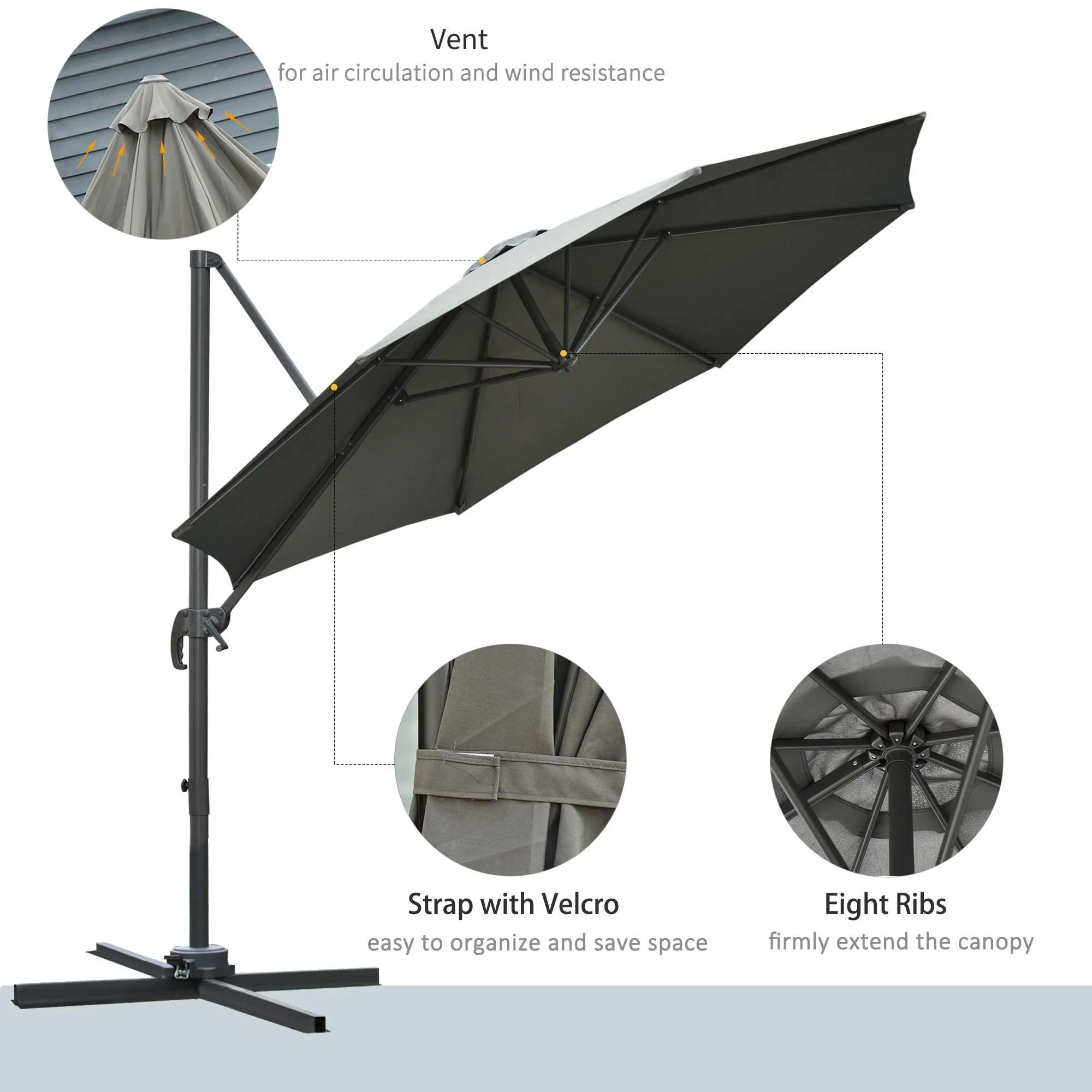 3M Offset Parasol Cantilever Hanging Umbrella 360° Rotation w/ Base Dark Grey - Image 6