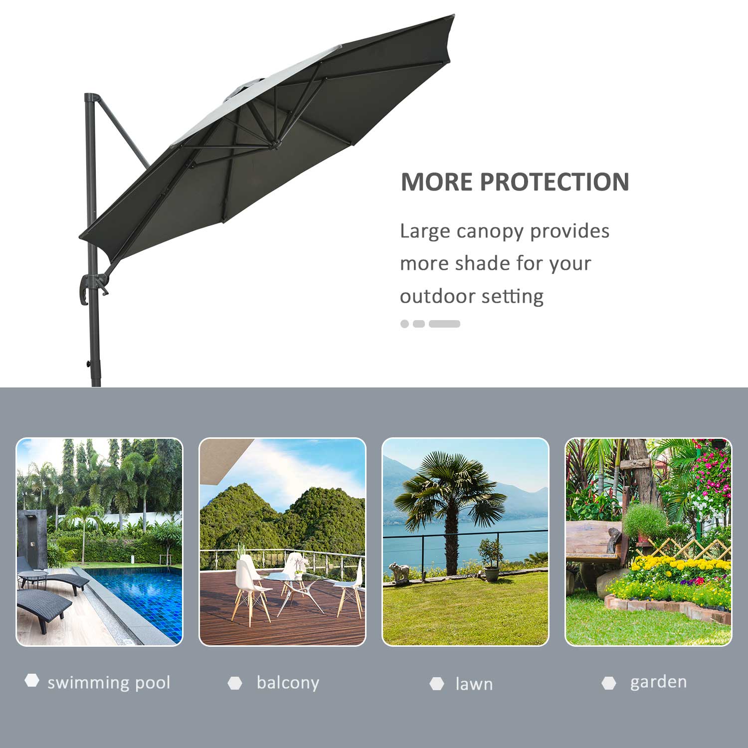 3M Offset Parasol Cantilever Hanging Umbrella 360° Rotation w/ Base Dark Grey - Image 7