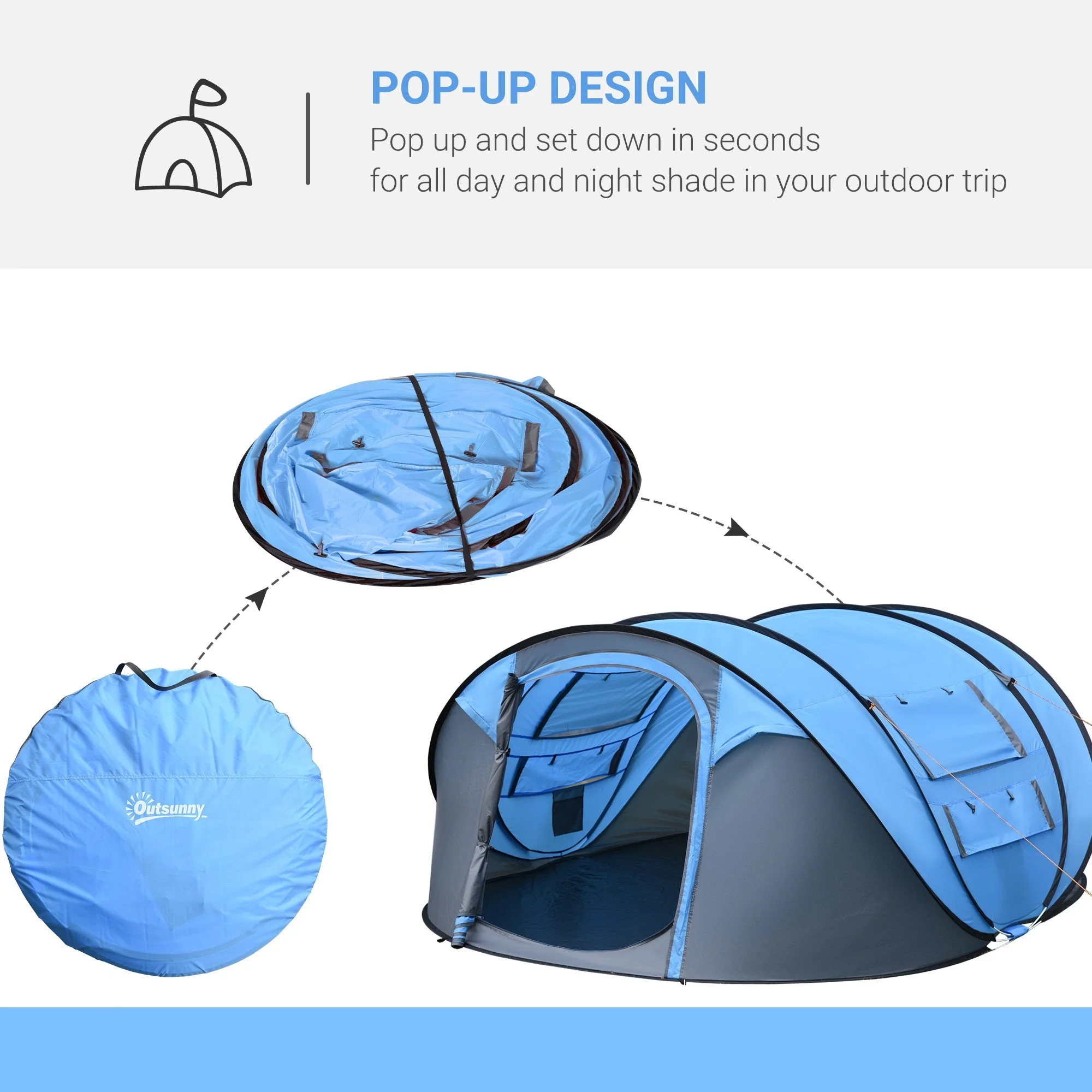 4-5 Person Pop-up Camping Tent Waterproof Family Tent w/ 2 Mesh Windows & PVC Windows Portable Carry Bag for Outdoor Trip Sky Blue - Image 4