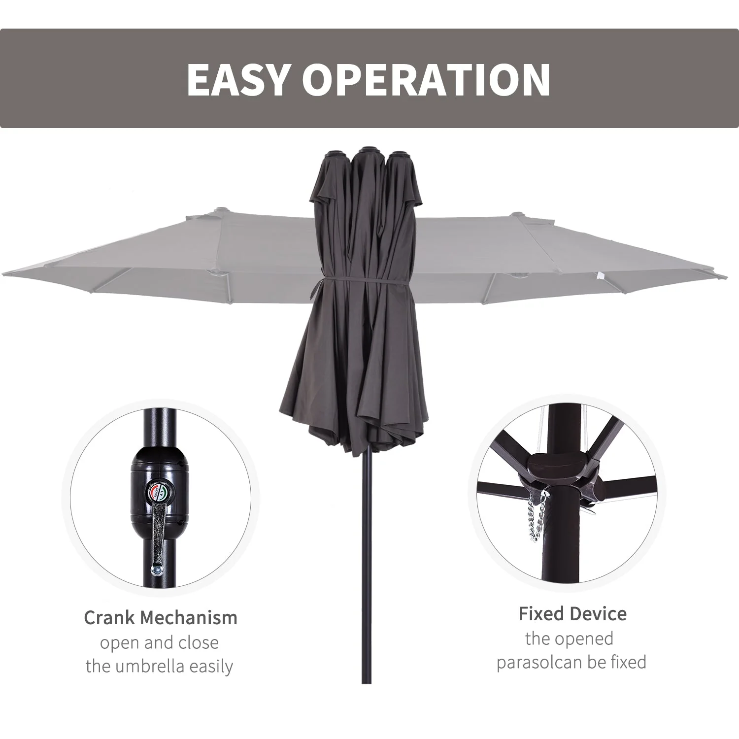 4.6m Garden Parasol Double-Sided Sun Umbrella Patio Market Shelter Canopy Shade Outdoor Grey - Image 5