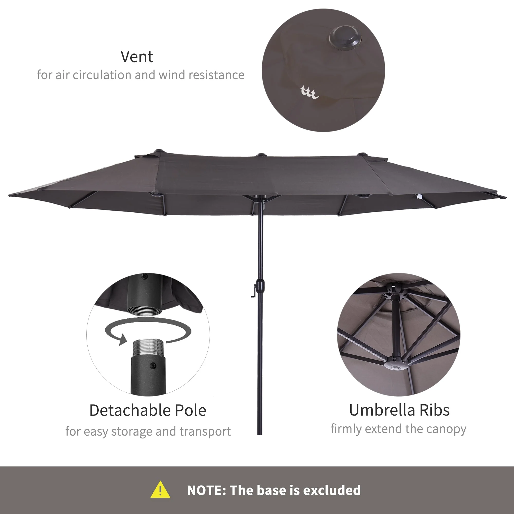 4.6m Garden Parasol Double-Sided Sun Umbrella Patio Market Shelter Canopy Shade Outdoor Grey - Image 6