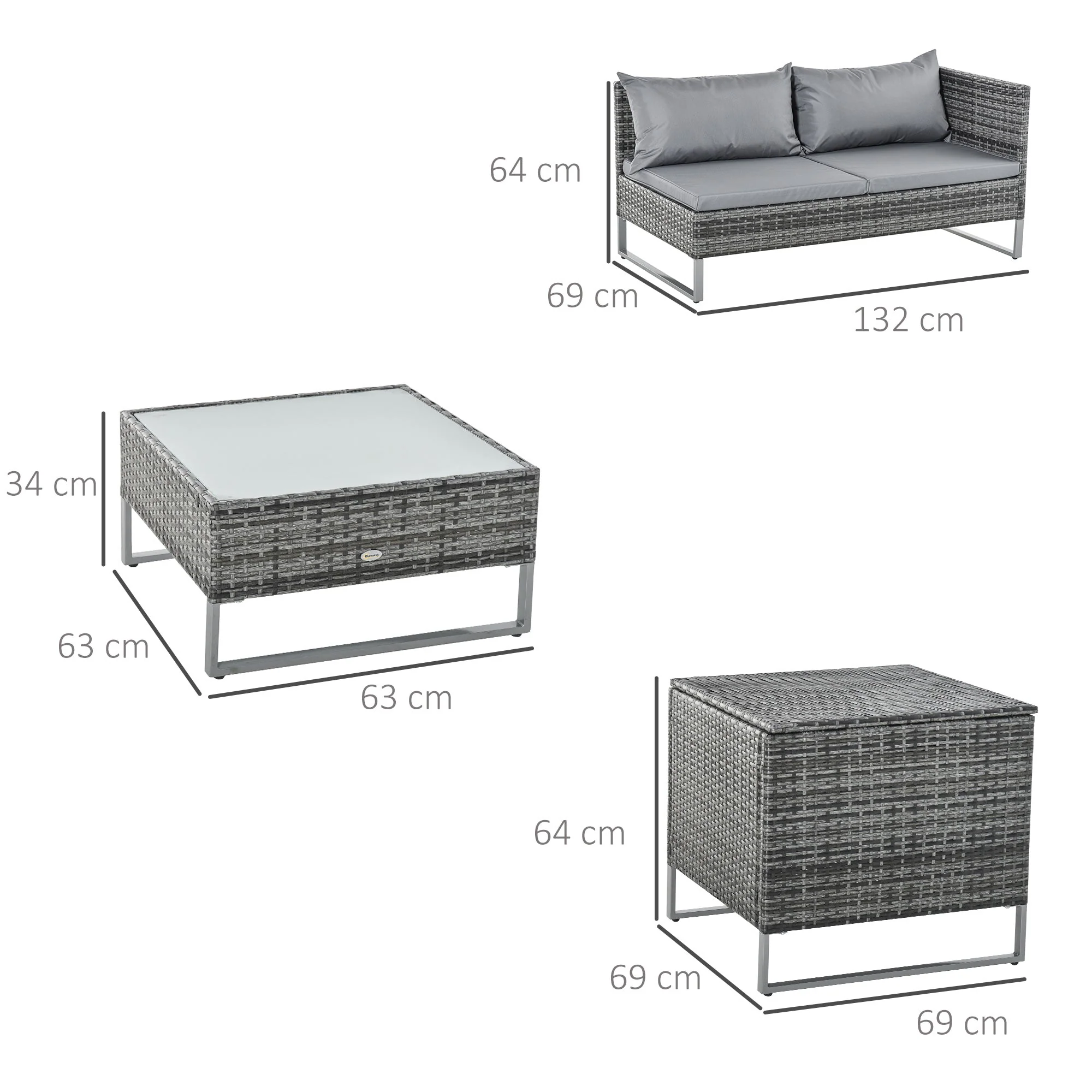4-Piece Garden Rattan Wicker Outdoor Furniture Patio Corner Sofa Love Seat and Table Set with Cushions Side Desk Storage - Mixed Grey - Image 3