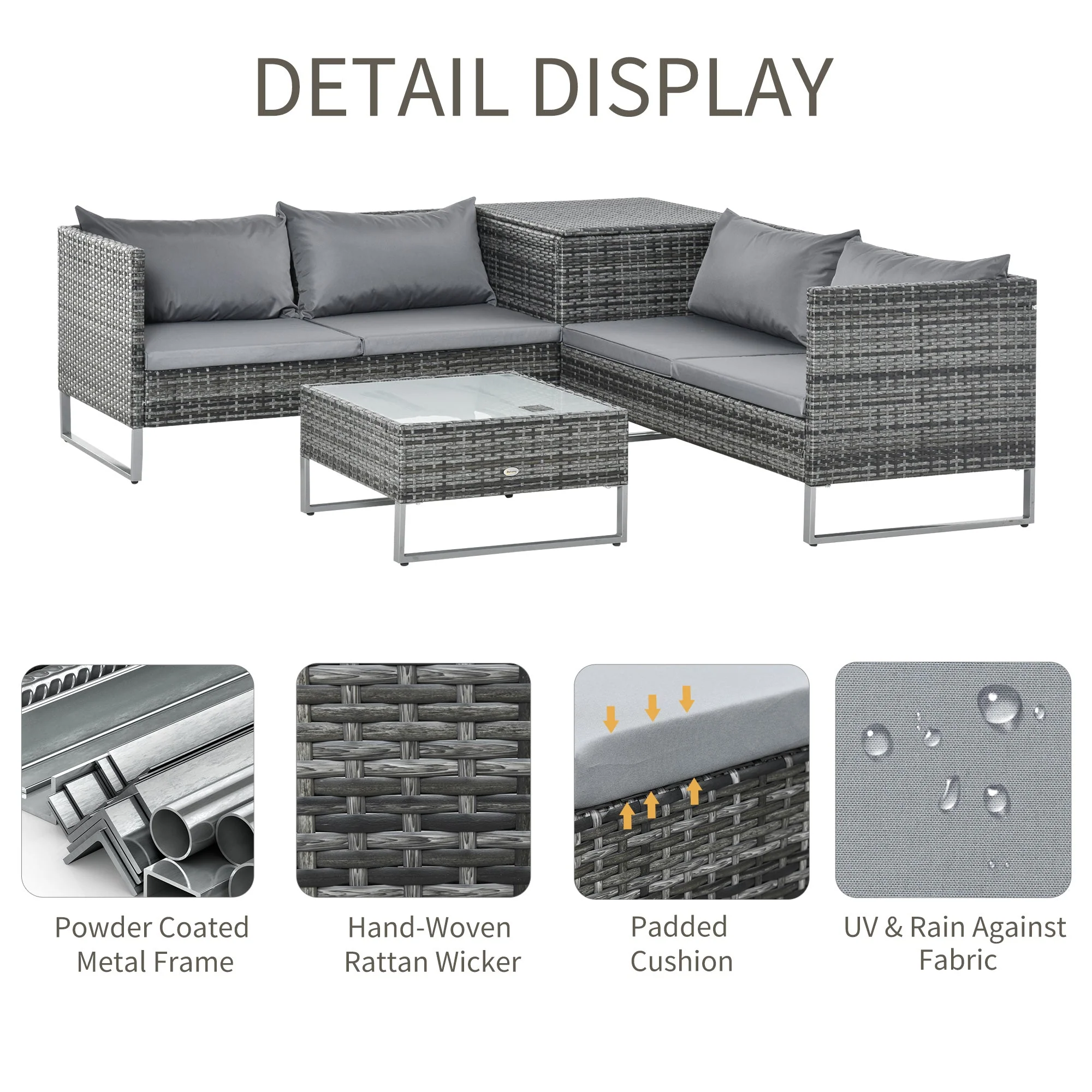 4-Piece Garden Rattan Wicker Outdoor Furniture Patio Corner Sofa Love Seat and Table Set with Cushions Side Desk Storage - Mixed Grey - Image 4