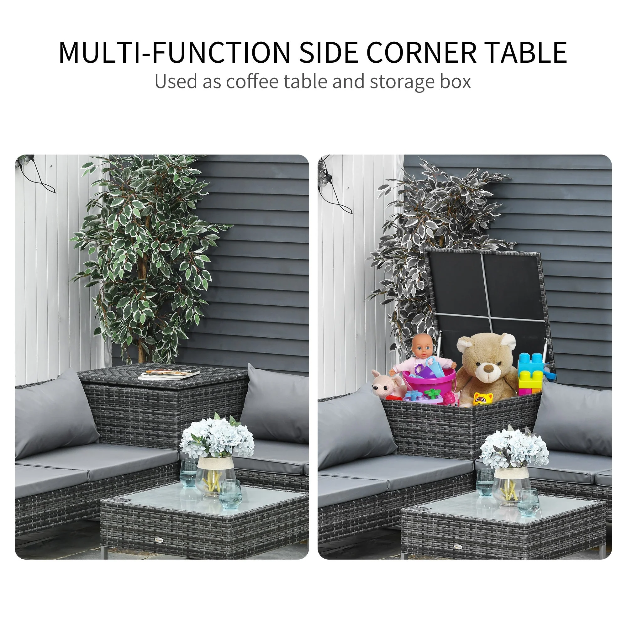 4-Piece Garden Rattan Wicker Outdoor Furniture Patio Corner Sofa Love Seat and Table Set with Cushions Side Desk Storage - Mixed Grey - Image 5