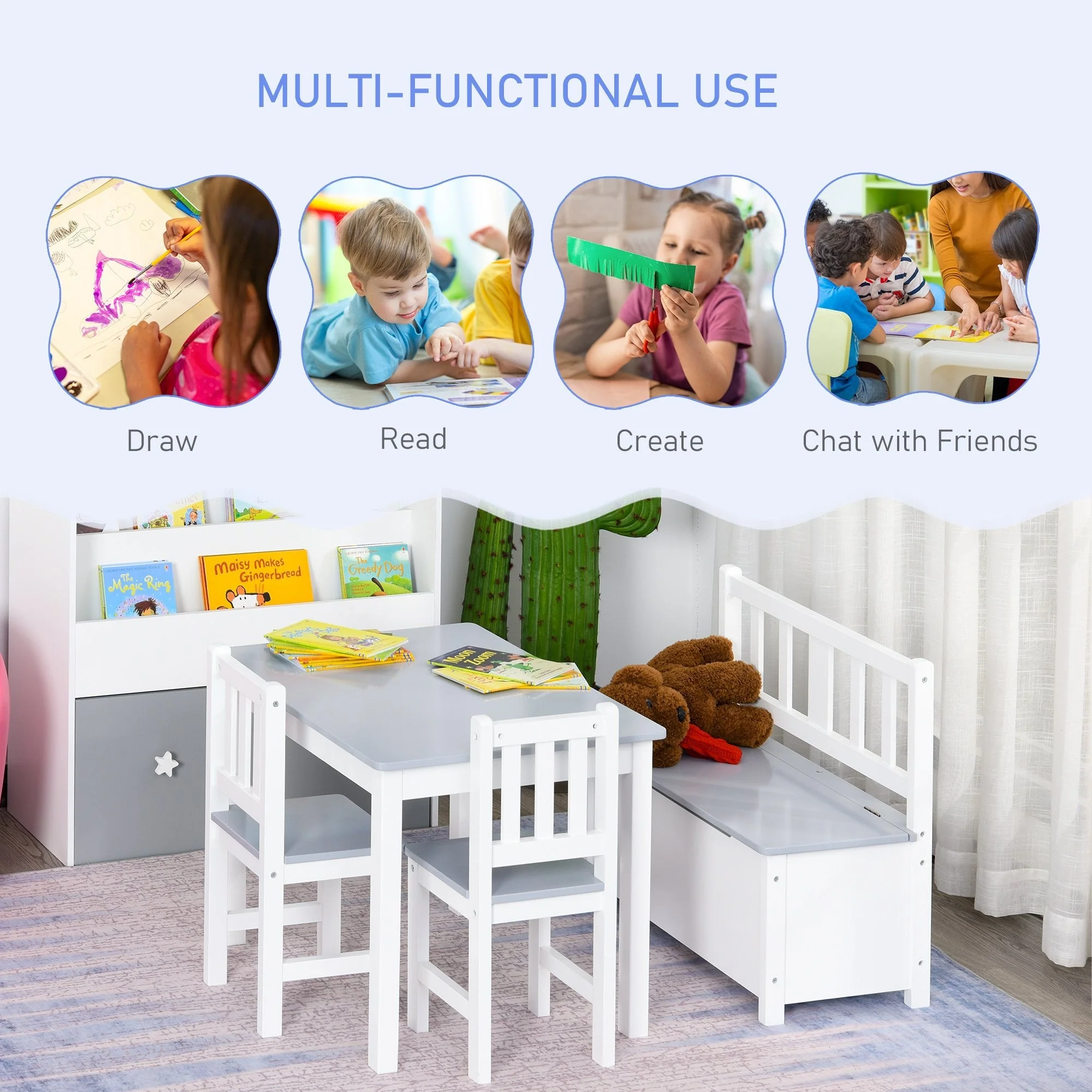 4-Piece Kids Table and Chair Set with 2 Wooden Chairs - Image 3