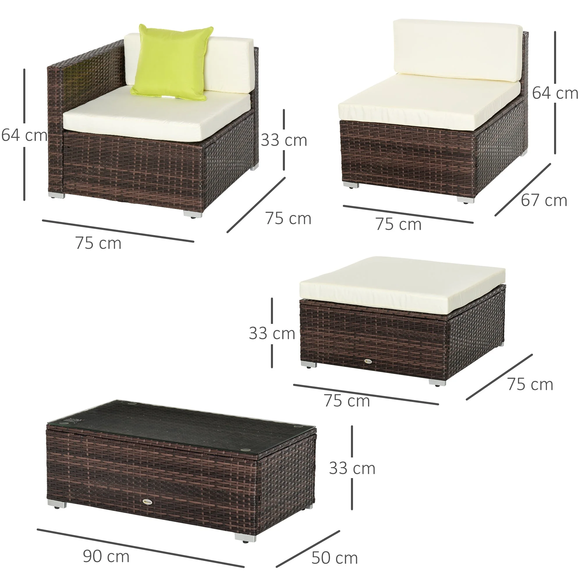 4 Seater Rattan Sofa Set Garden Outdoor Sectional Sofa Coffee Table Combo Patio Furniture-Brown - Image 3