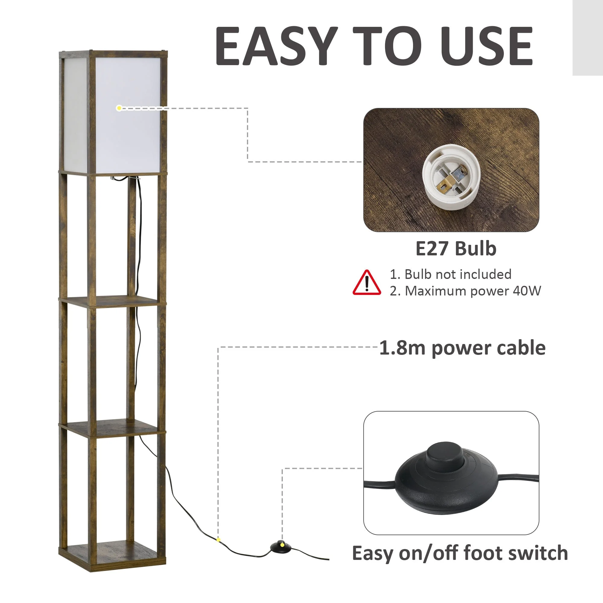 4-Tier Floor Lamp Standing Lamp with Storage Shelf for Home Office Dorm Brown - Image 5