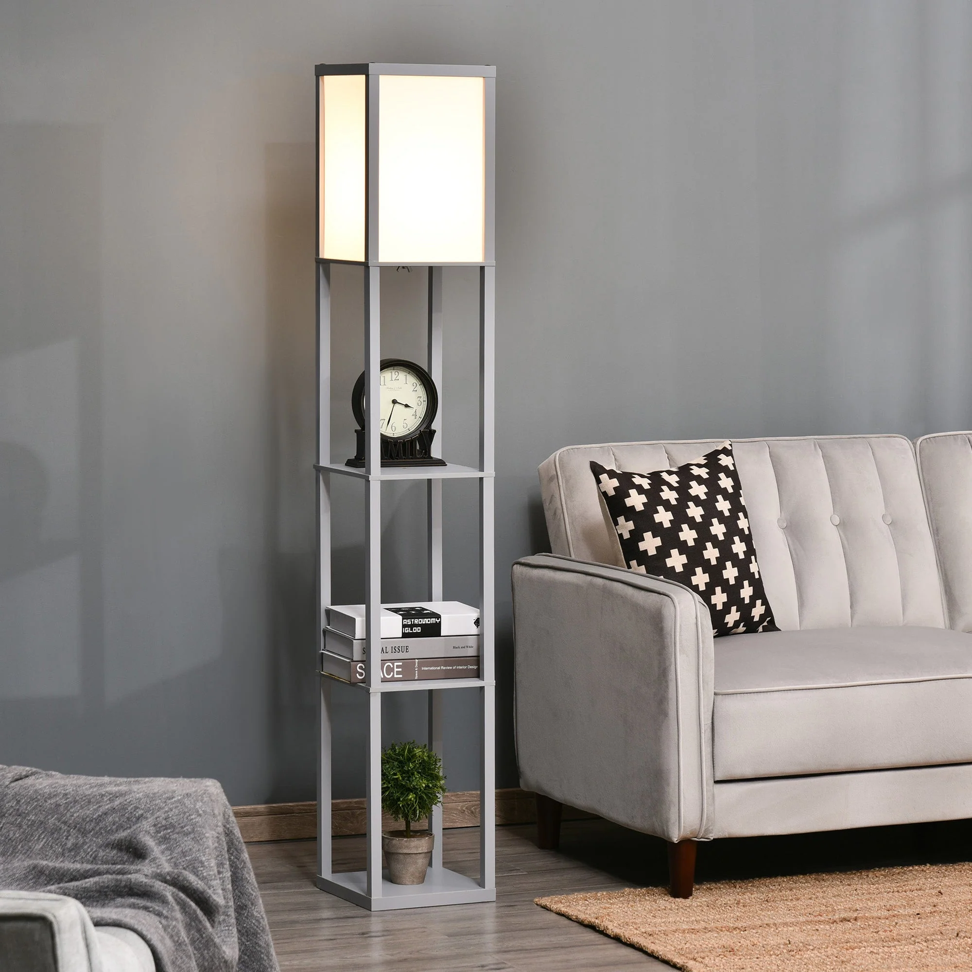 4-Tier Floor Lamp Standing Lamp with Storage Shelf for Home Office Dorm Grey - Image 2