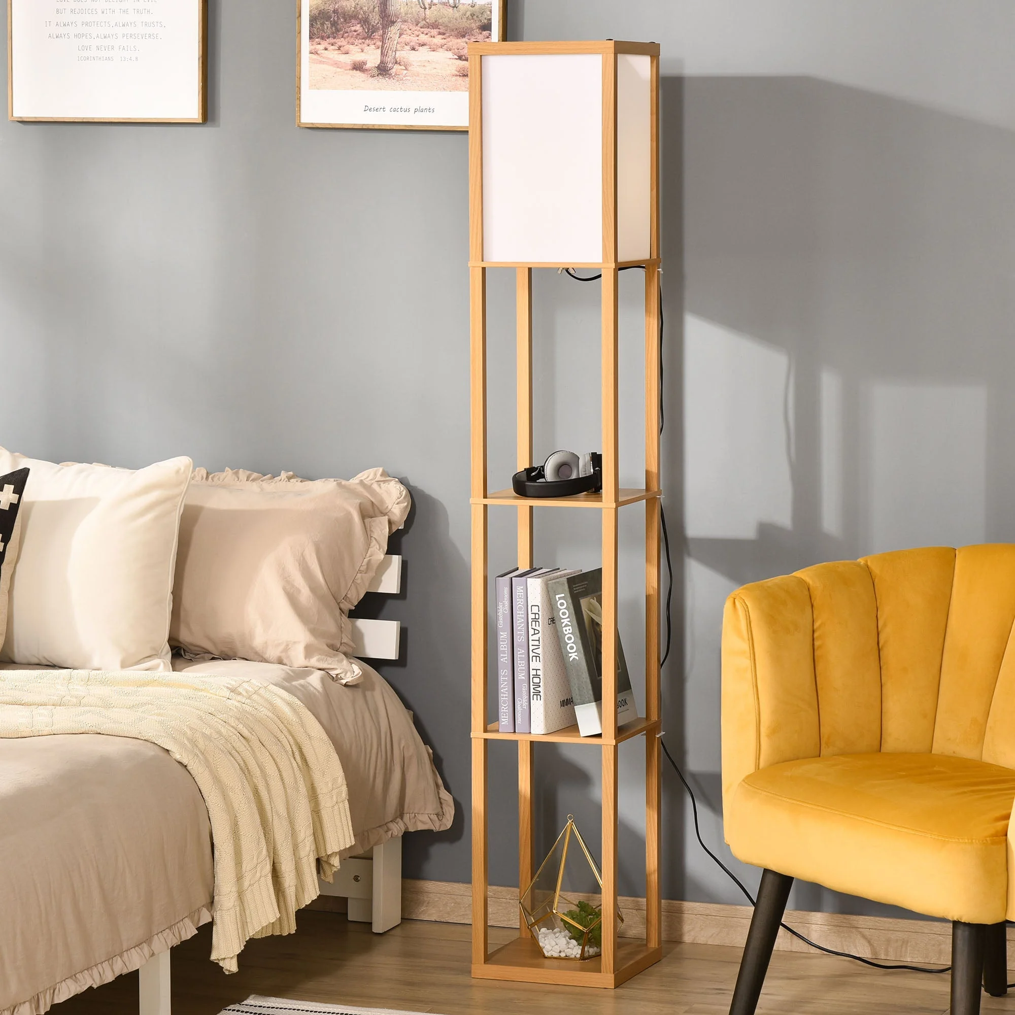 4-Tier Floor Lamp Standing Lamp with Storage Shelf for Home Office Dorm Natural - Image 2