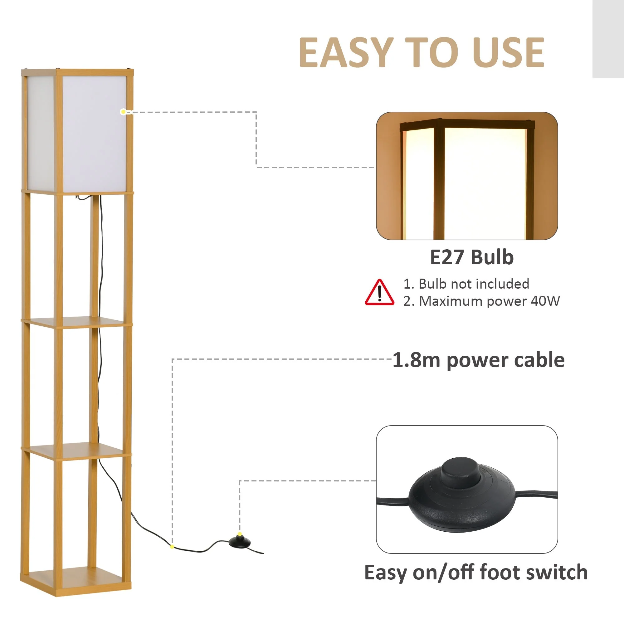4-Tier Floor Lamp Standing Lamp with Storage Shelf for Home Office Dorm Natural - Image 5