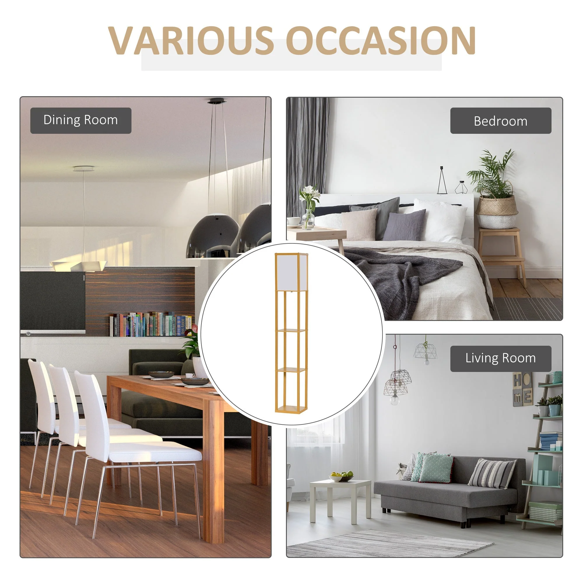 4-Tier Floor Lamp Standing Lamp with Storage Shelf for Home Office Dorm Natural - Image 6