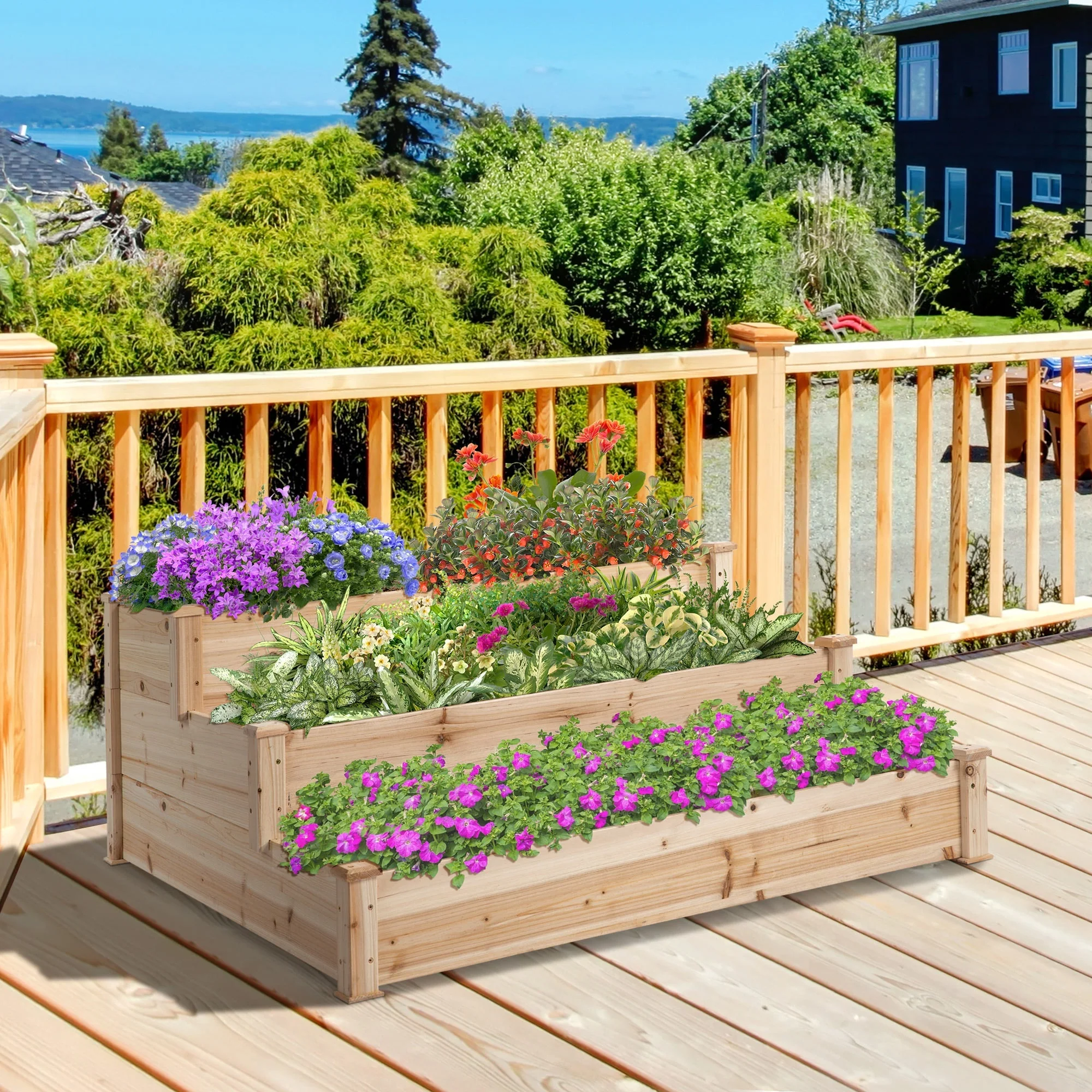 470L Wooden Raised Garden Bed 3-Tier Planter Kit Elevated Planter Box Stand for Yard & Patio 124 x 124 x 56 cm - Image 2