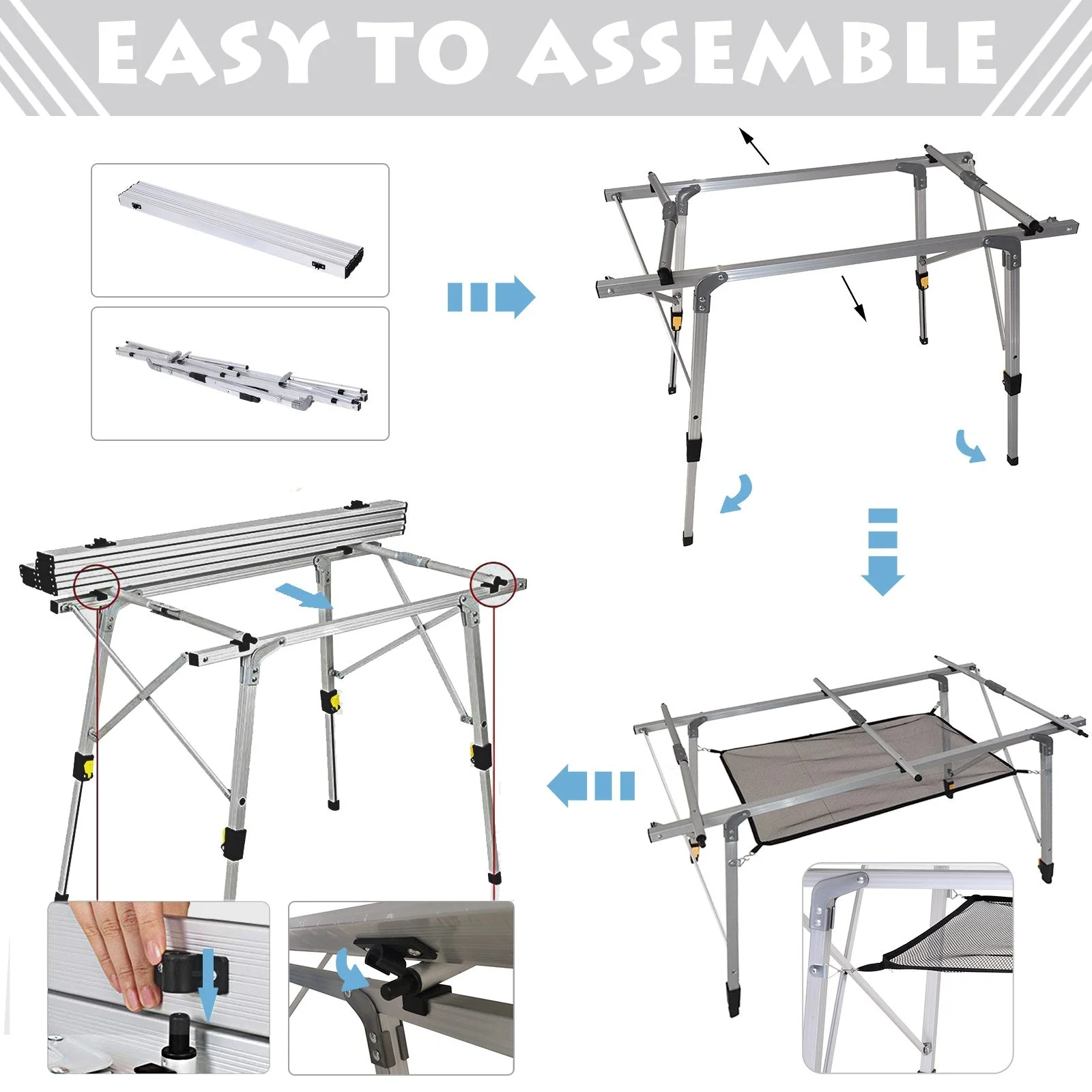4FT Folding Aluminium Picnic Table Portable Camping BBQ Table Roll Up Top Mesh Layer Rack with Carrying Bag - Image 7