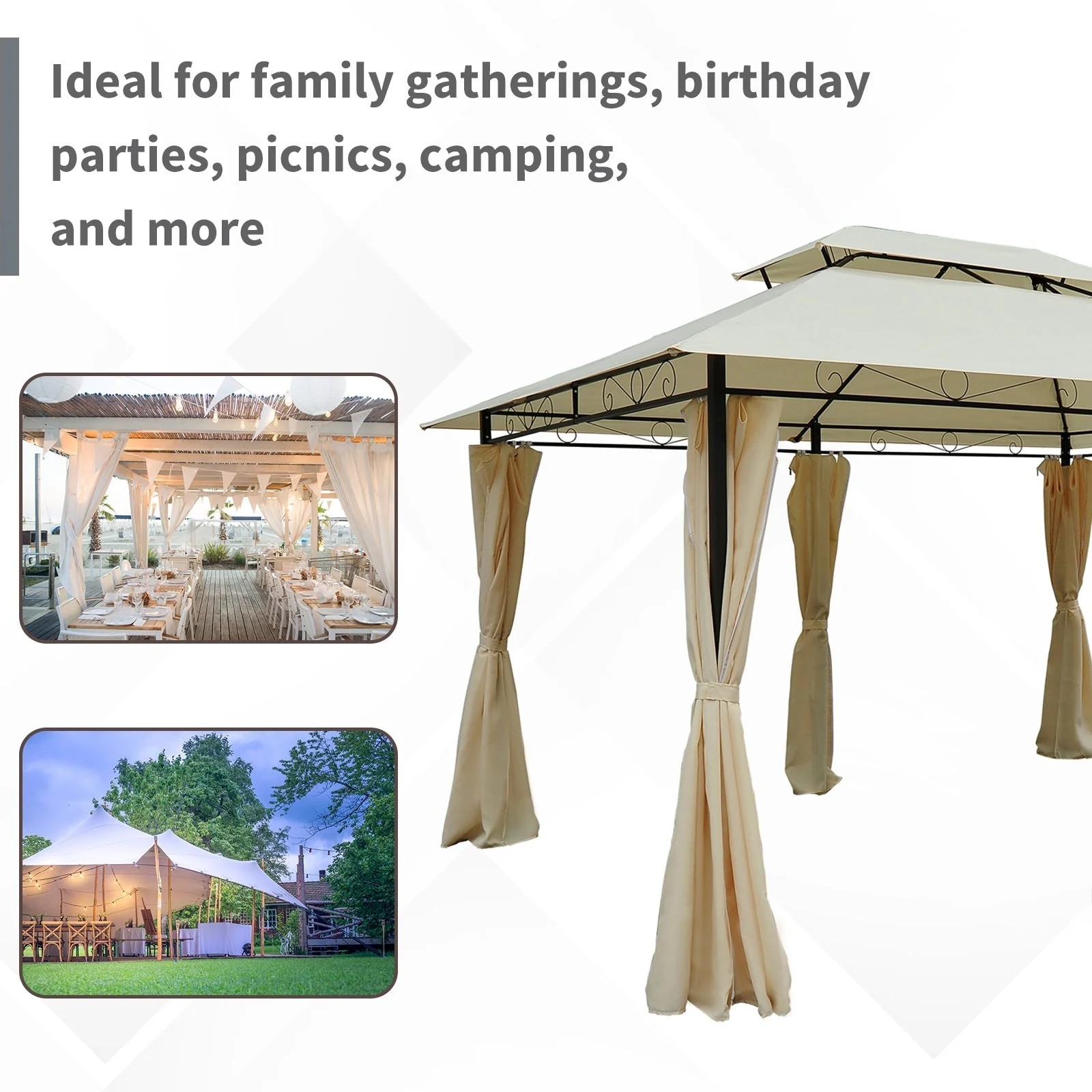 4m x 3M Metal Gazebo Canopy Party Tent Garden Pavillion Patio Shelter Pavilion with Curtains Sidewalls Beige - Image 5
