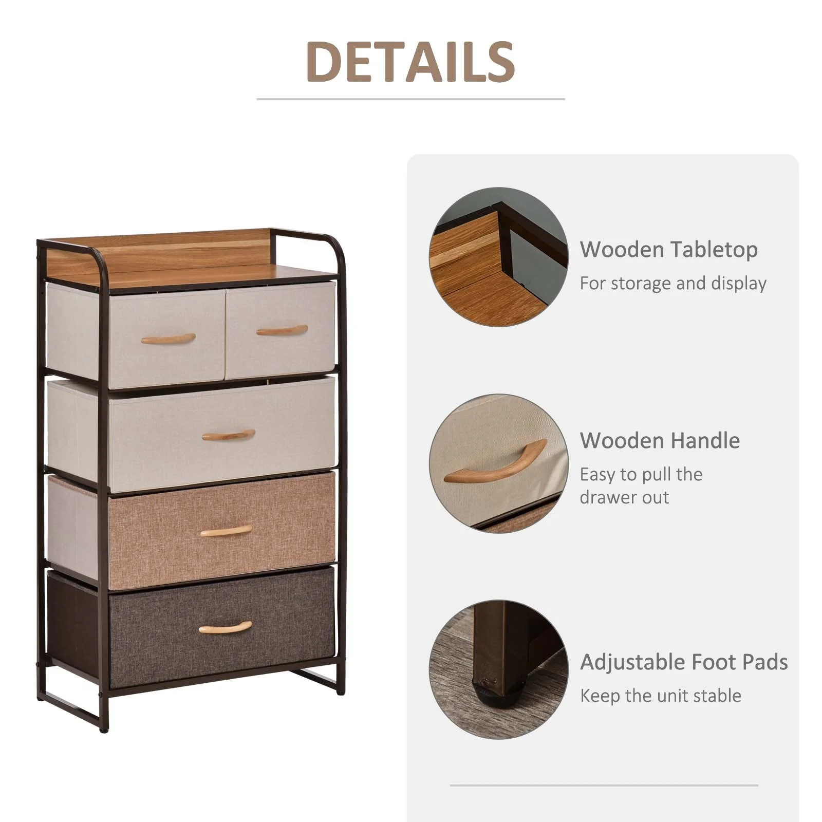 5-Drawer Dresser Tower Fabric Chest of Drawers with Steel Frame Wooden Top - Image 6