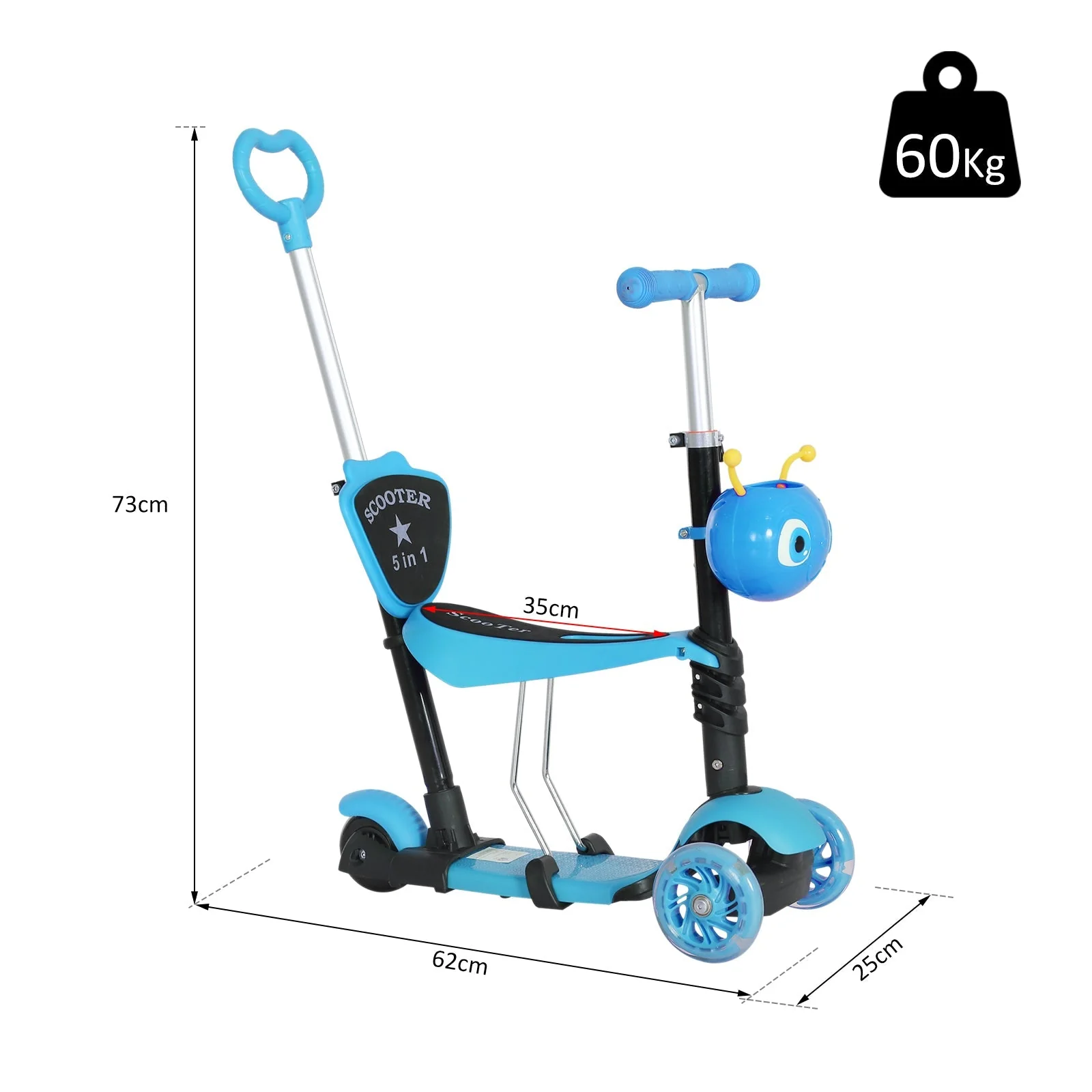 5-in-1 Kids Kick Scooter W/Removable Seat-Blue - Image 3
