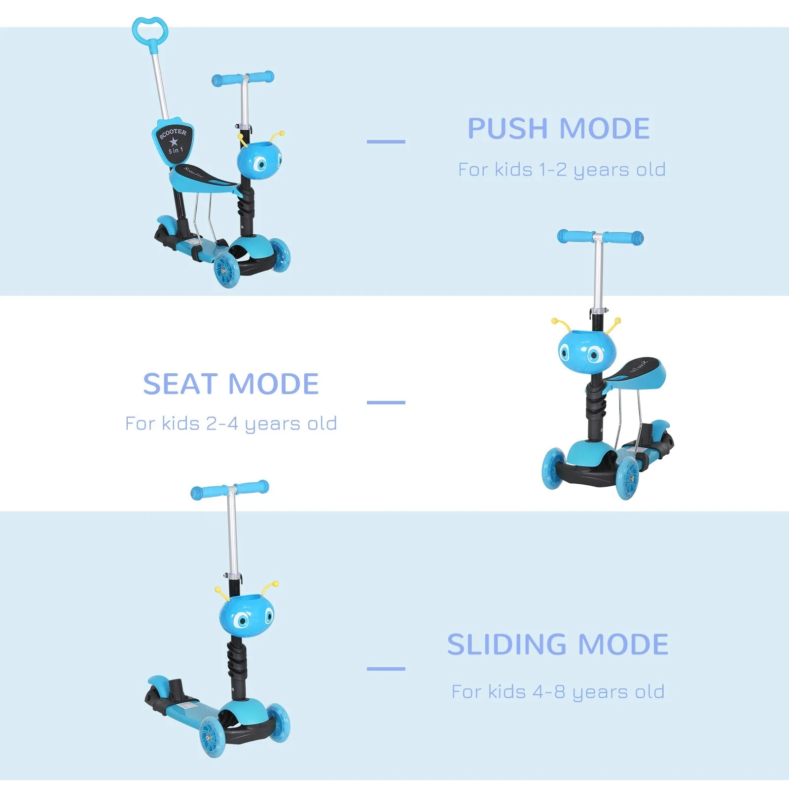 5-in-1 Kids Kick Scooter W/Removable Seat-Blue - Image 6