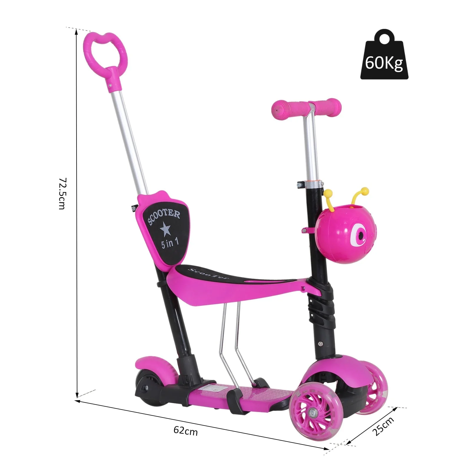 5-in-1 Kids Kick Scooter W/Removable Seat-Pink - Image 2