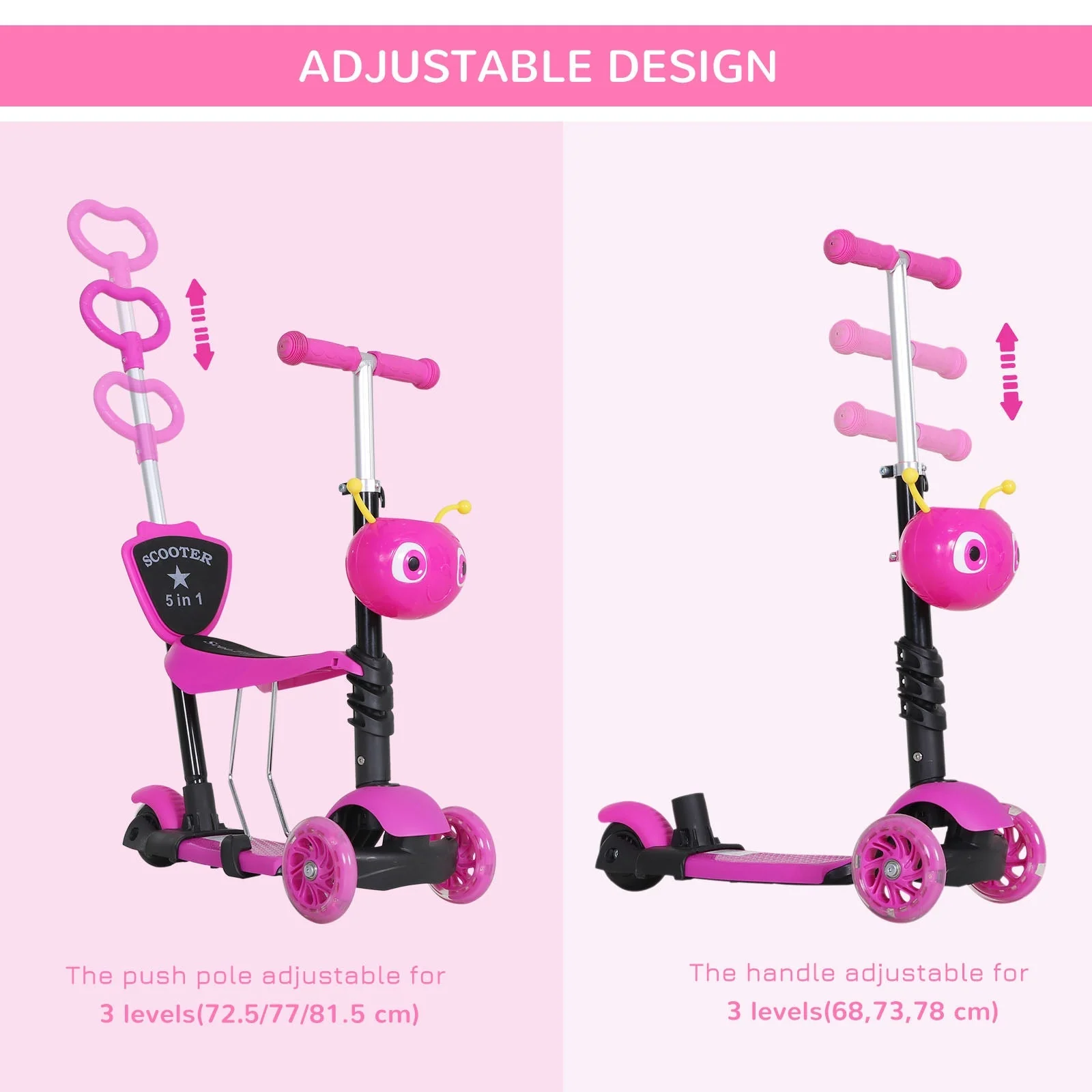 5-in-1 Kids Kick Scooter W/Removable Seat-Pink - Image 4