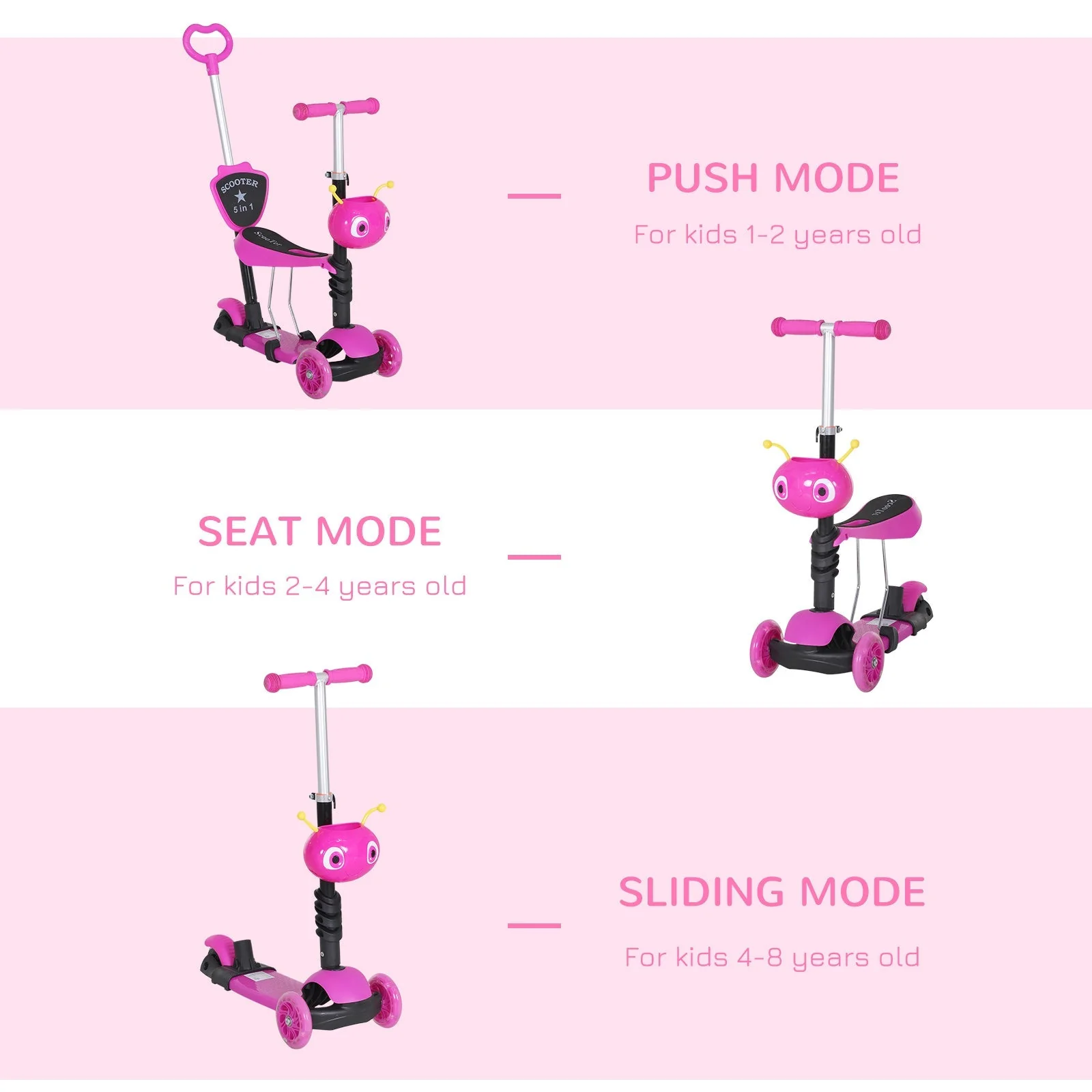 5-in-1 Kids Kick Scooter W/Removable Seat-Pink - Image 5