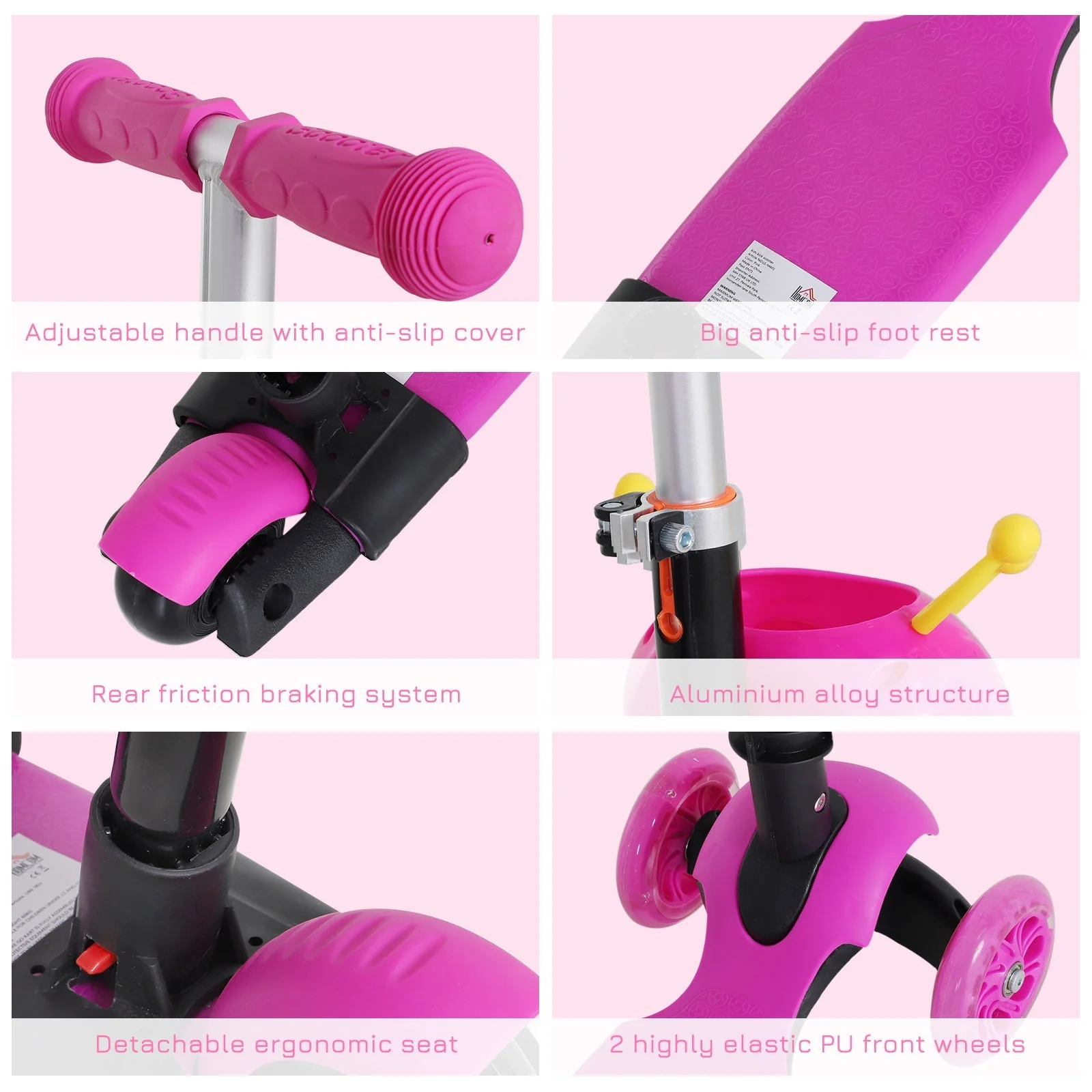 5-in-1 Kids Kick Scooter W/Removable Seat-Pink - Image 6