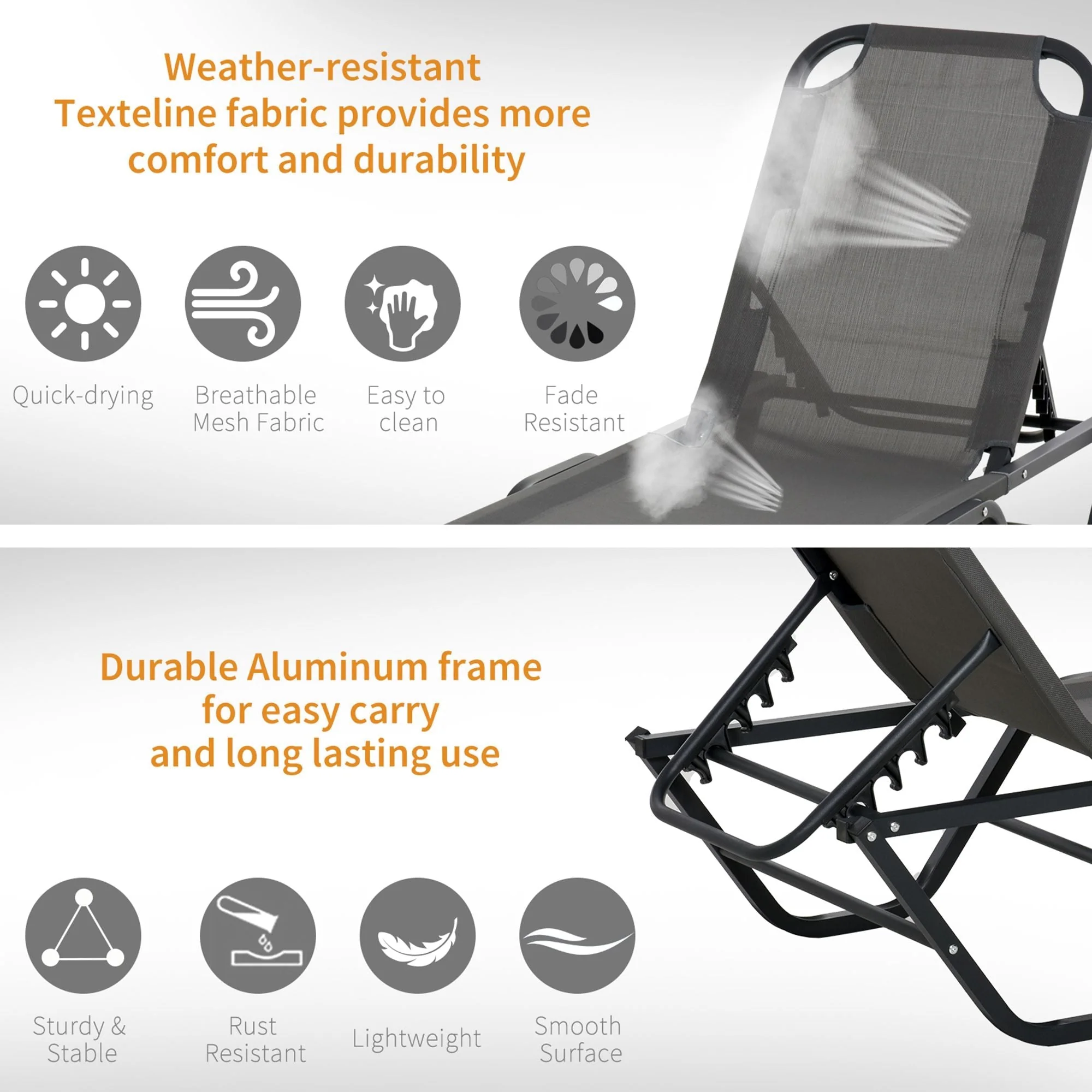 5-Position Sun Lounger Aluminium Grey by Aosom - Image 4