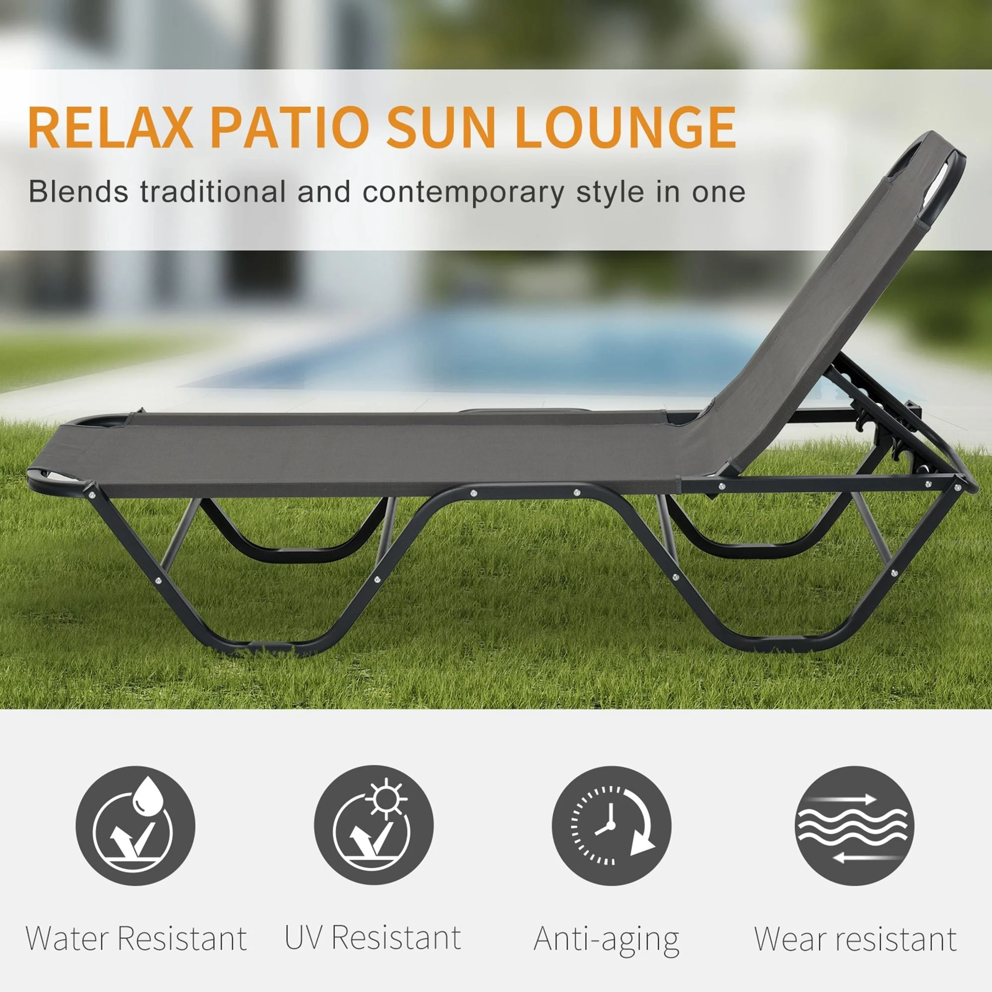 5-Position Sun Lounger Aluminium Grey by Aosom - Image 6
