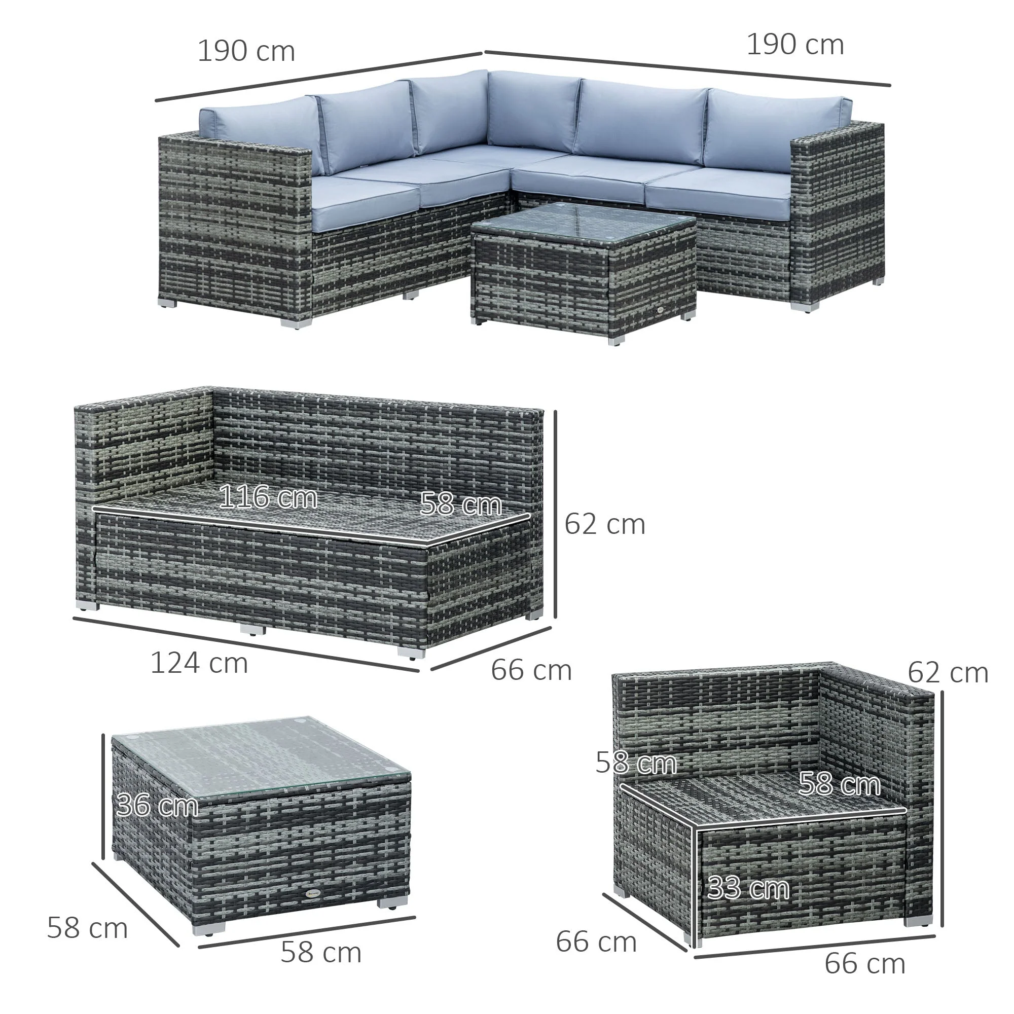 5 Seater Rattan Garden Furniture Sets Wicker Patio Conservatory Dining Set with Corner Sofa Loveseat Coffee Table Cushions for Balcony Backyard - Image 2