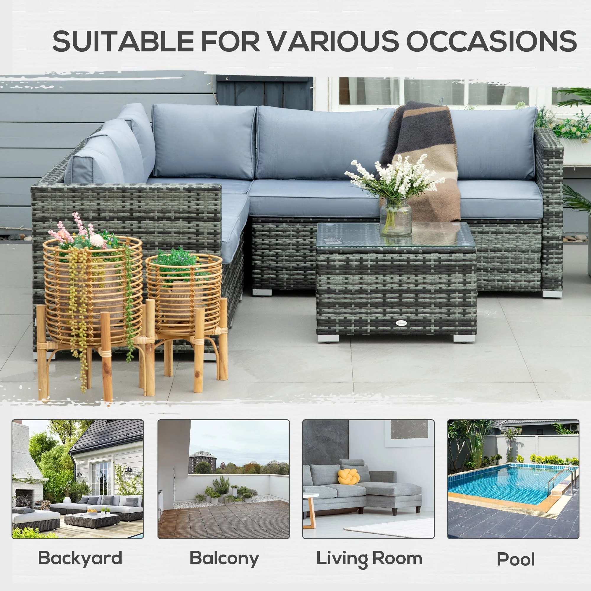 5 Seater Rattan Garden Furniture Sets Wicker Patio Conservatory Dining Set with Corner Sofa Loveseat Coffee Table Cushions for Balcony Backyard - Image 6