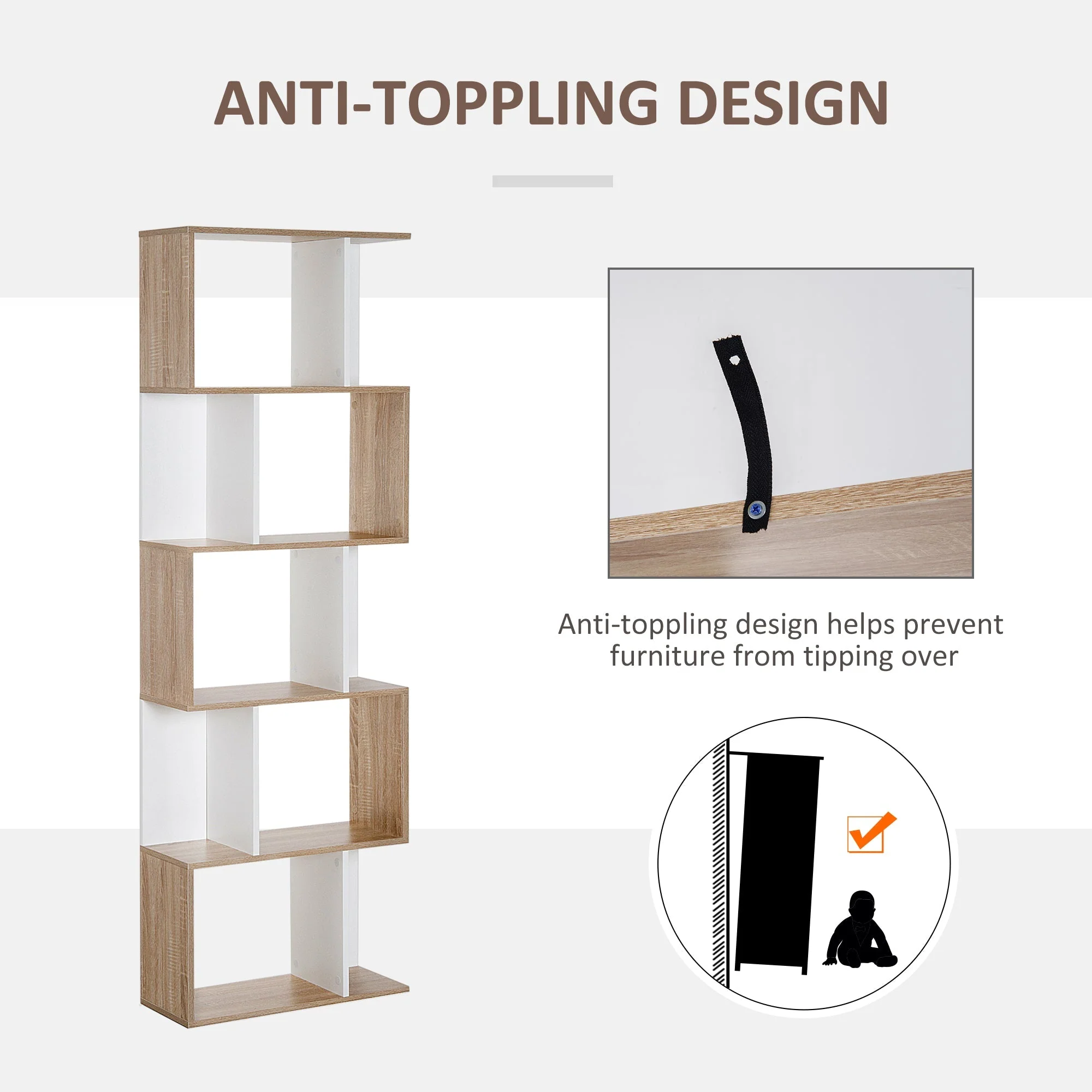 5-tier Bookcase Storage Display Shelving S Shape design Unit Divider Natural - Image 4