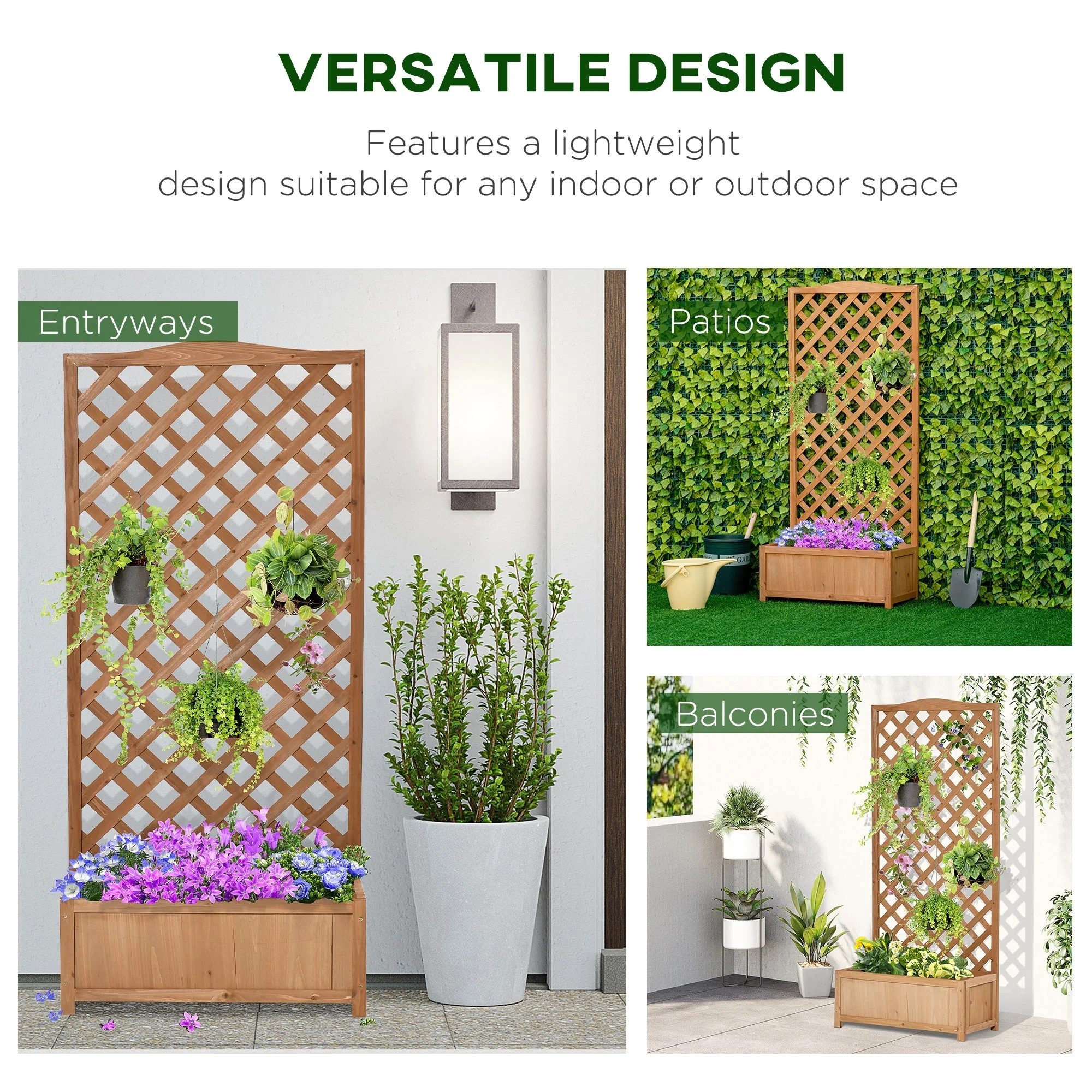 53L Garden Wooden Planter Box with Trellis Free Standing Flower Raised Bed with Lattice for Climbing Plants - Image 3