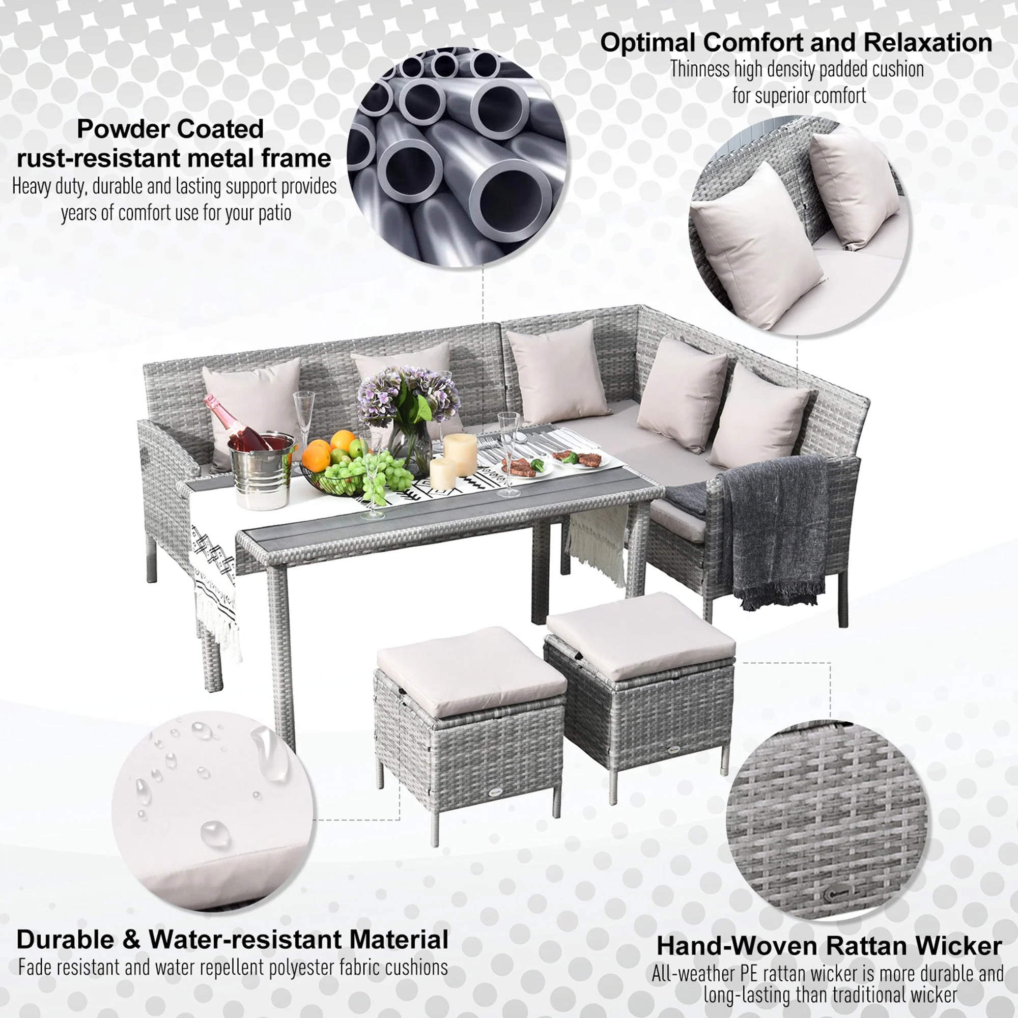 6 Seater Rattan Dining Set Sofa Table Footstool Outdoor w/ Cushion Garden Furniture - Image 5
