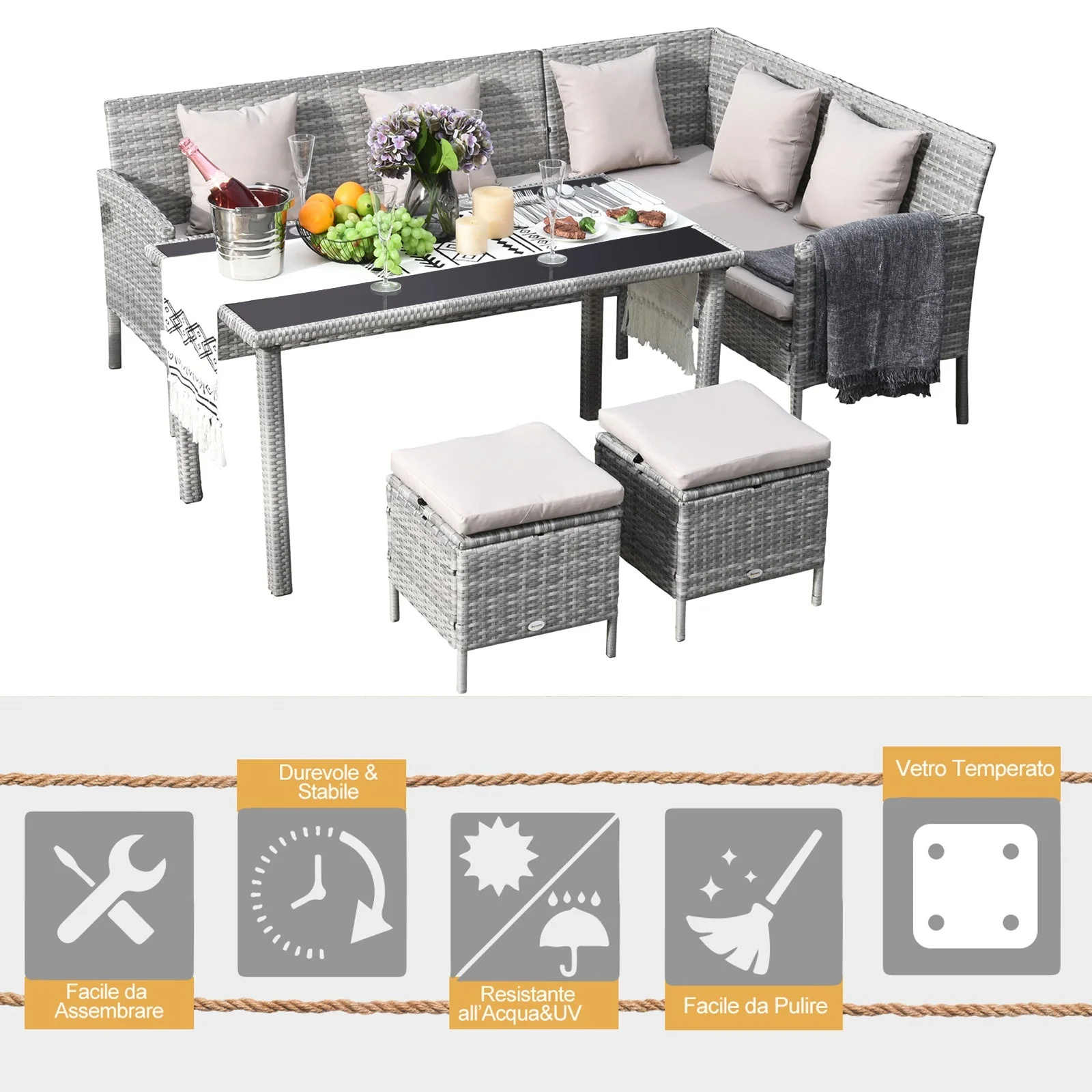 6 Seater Rattan Dining Set Sofa Table Footstool Outdoor w/ Cushion Garden Furniture - Image 6