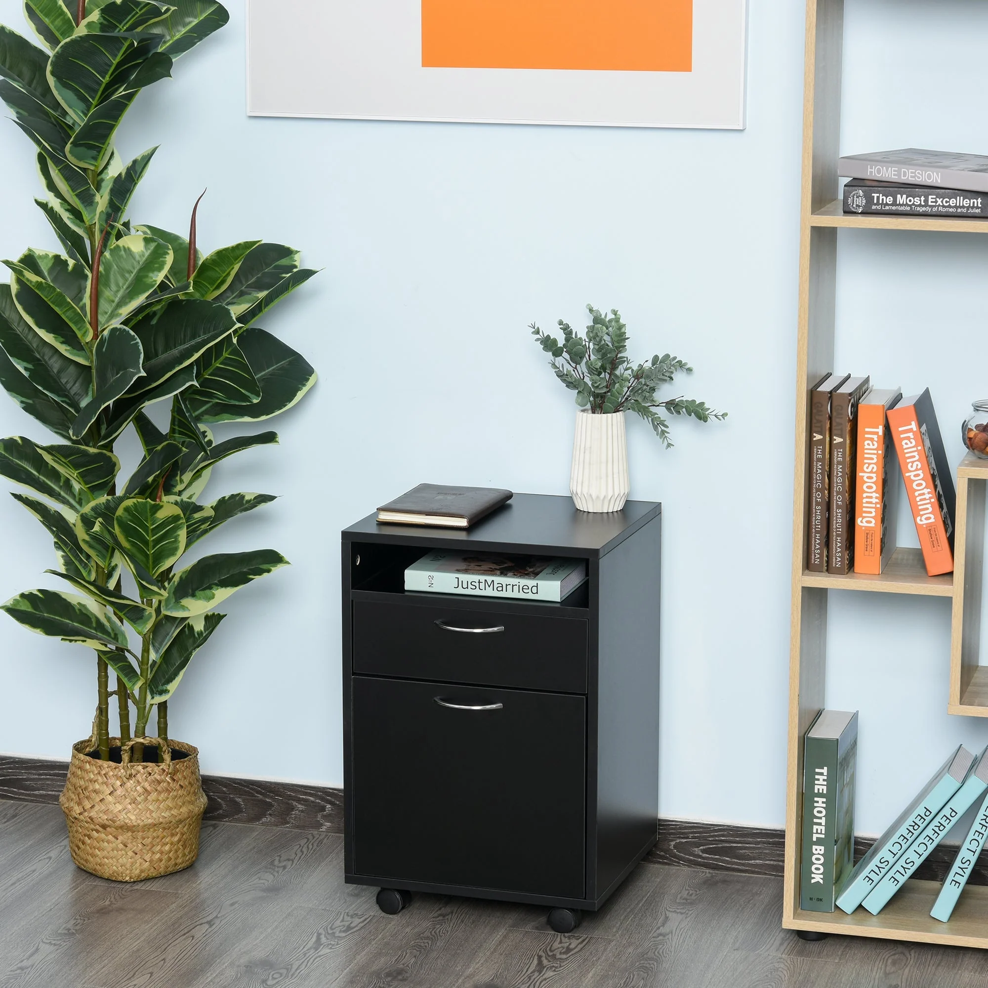 60cm Storage Cabinet w/ Drawer Open Shelf Metal Handles 4 Wheels Office Home Organiser Mobile Printer Black - Image 2
