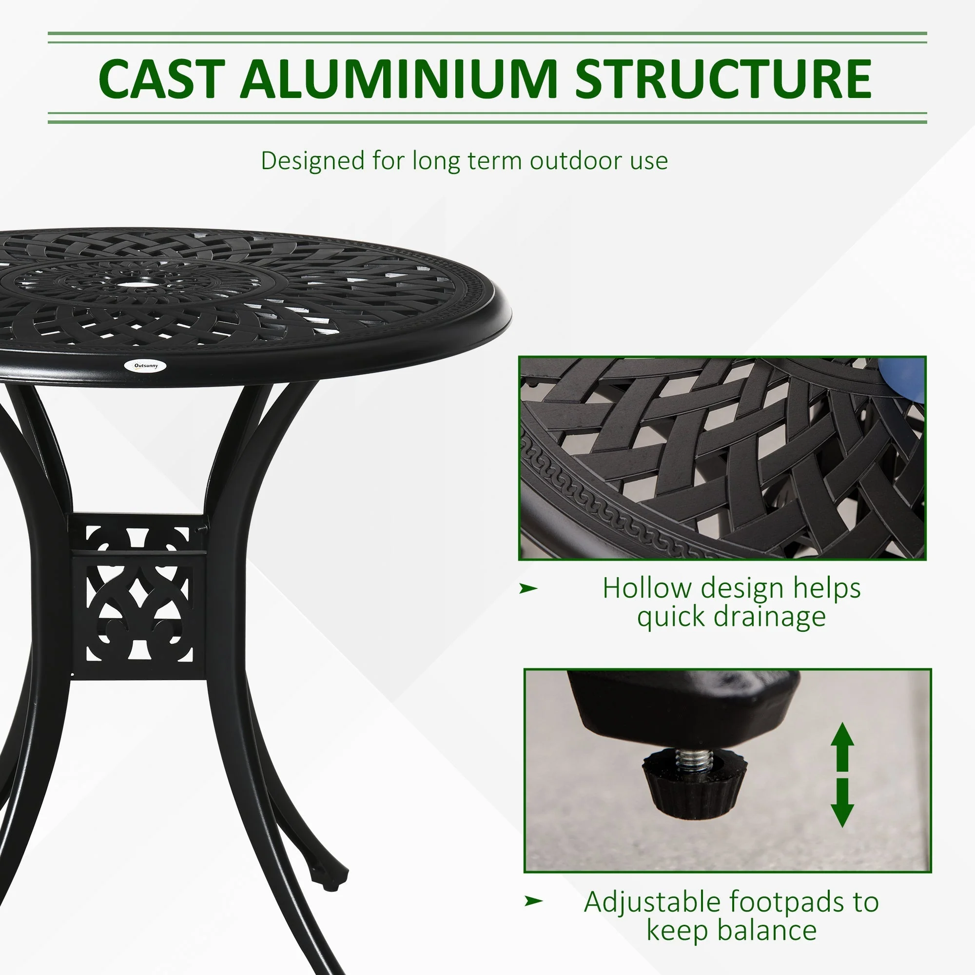78cm Round Garden Dining Table Bistro Set with Parasol Hole Antique Cast Aluminium Outdoor Table Only - Image 4