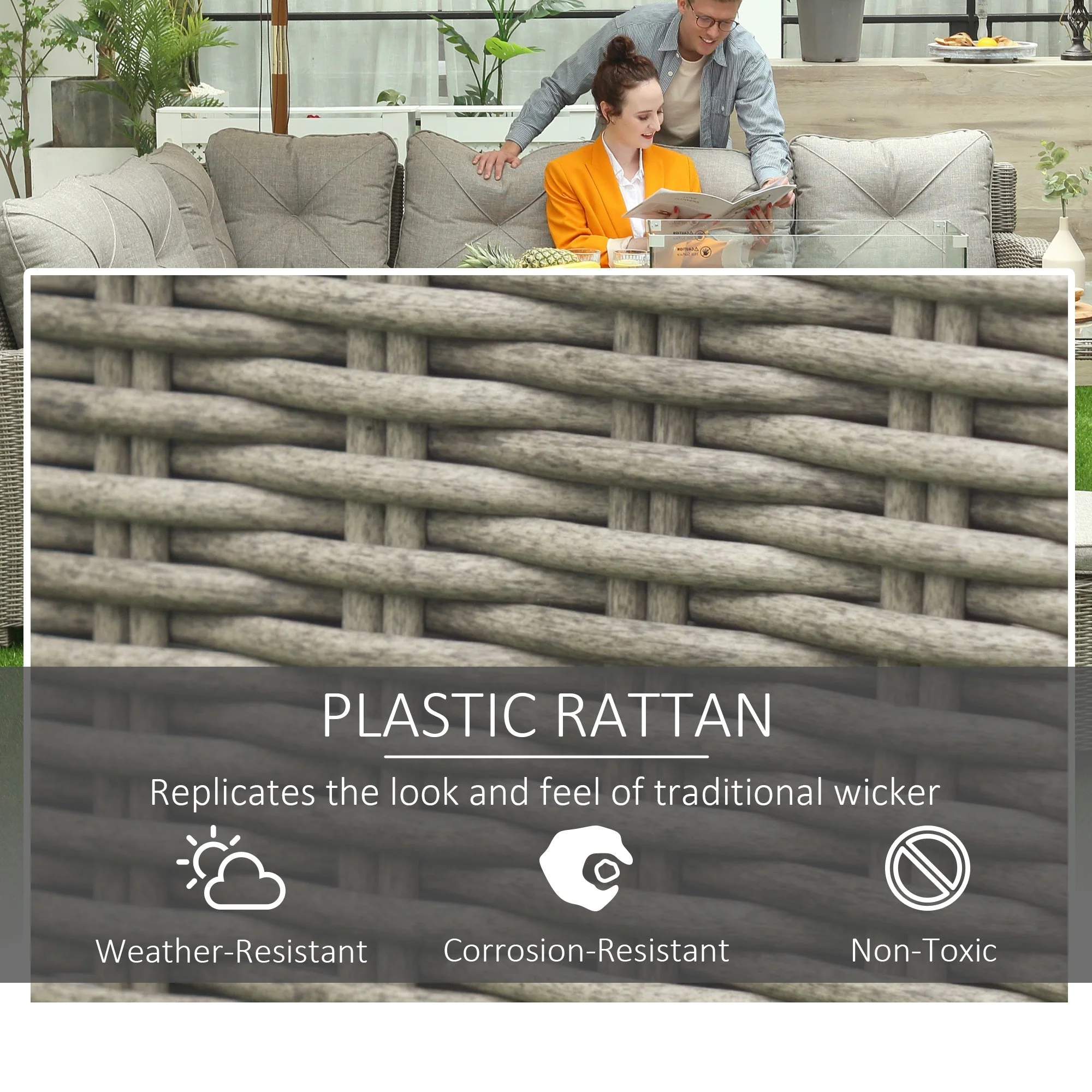 8 Seater Outdoor PE Rattan Sofa Set Conversation Set w/ Fire Pit Table - Image 5