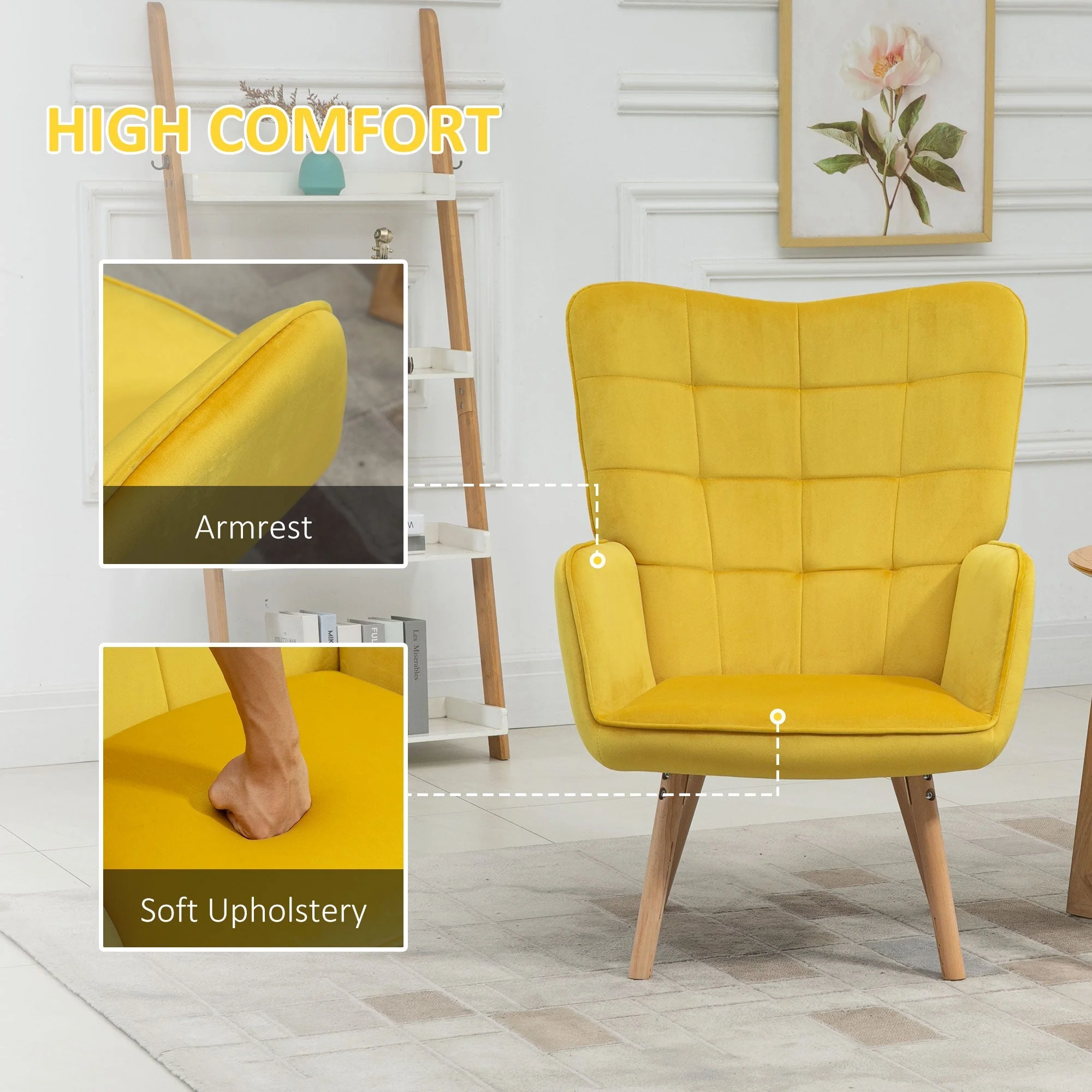 Accent Chair VelvetTufted Wingback Armchair Club Chair with Wood Legs Yellow - Image 4