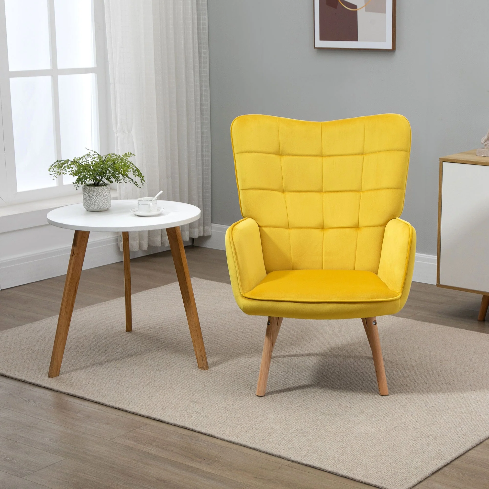 Accent Chair VelvetTufted Wingback Armchair Club Chair with Wood Legs Yellow - Image 6